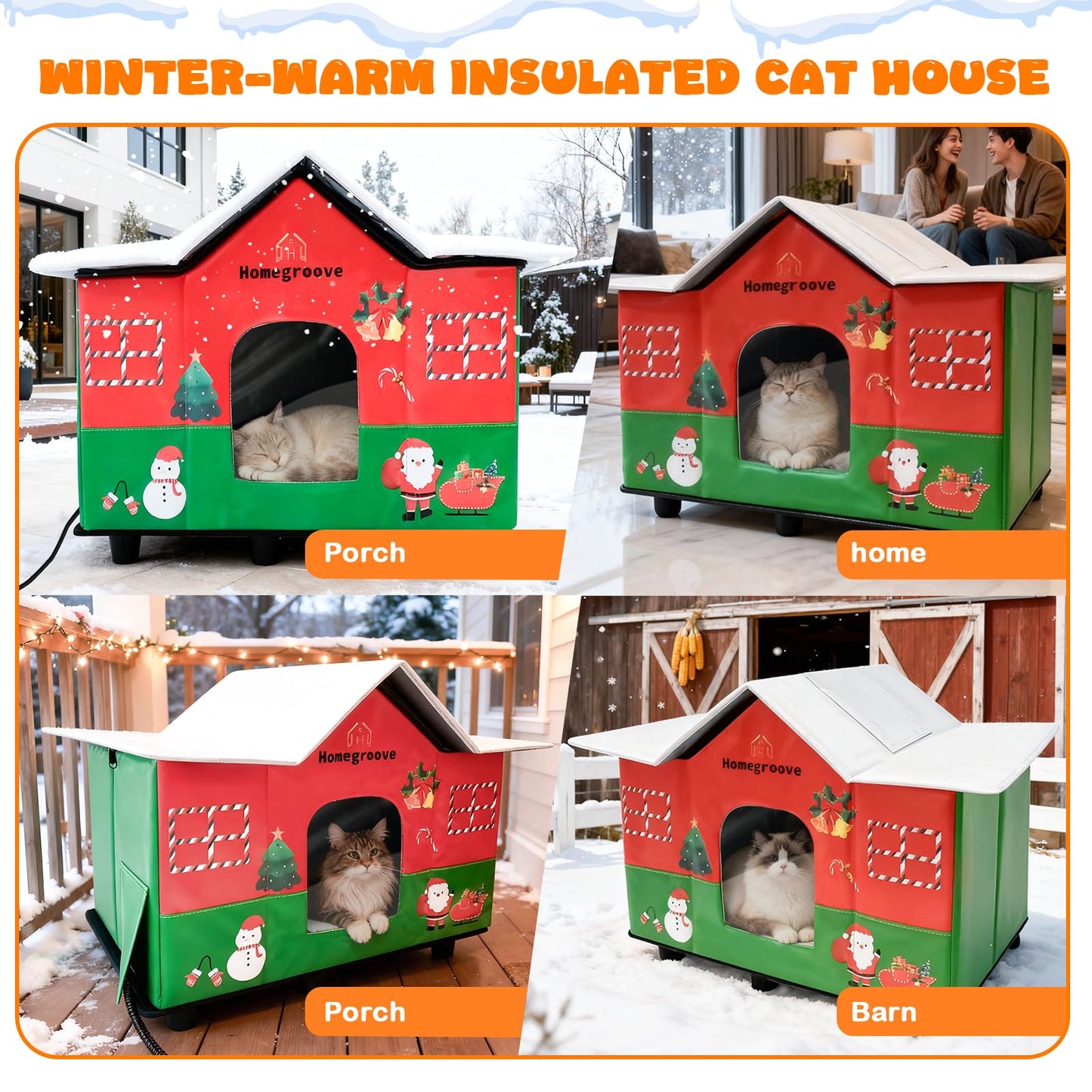 Homegroove Christmas Heated Cat House for Outside - 25 x 17 x 18 inches Festive Weatherproof & Insulated Outdoor Shelter with Heating Pad, Skylight for Stray & Feral Cats