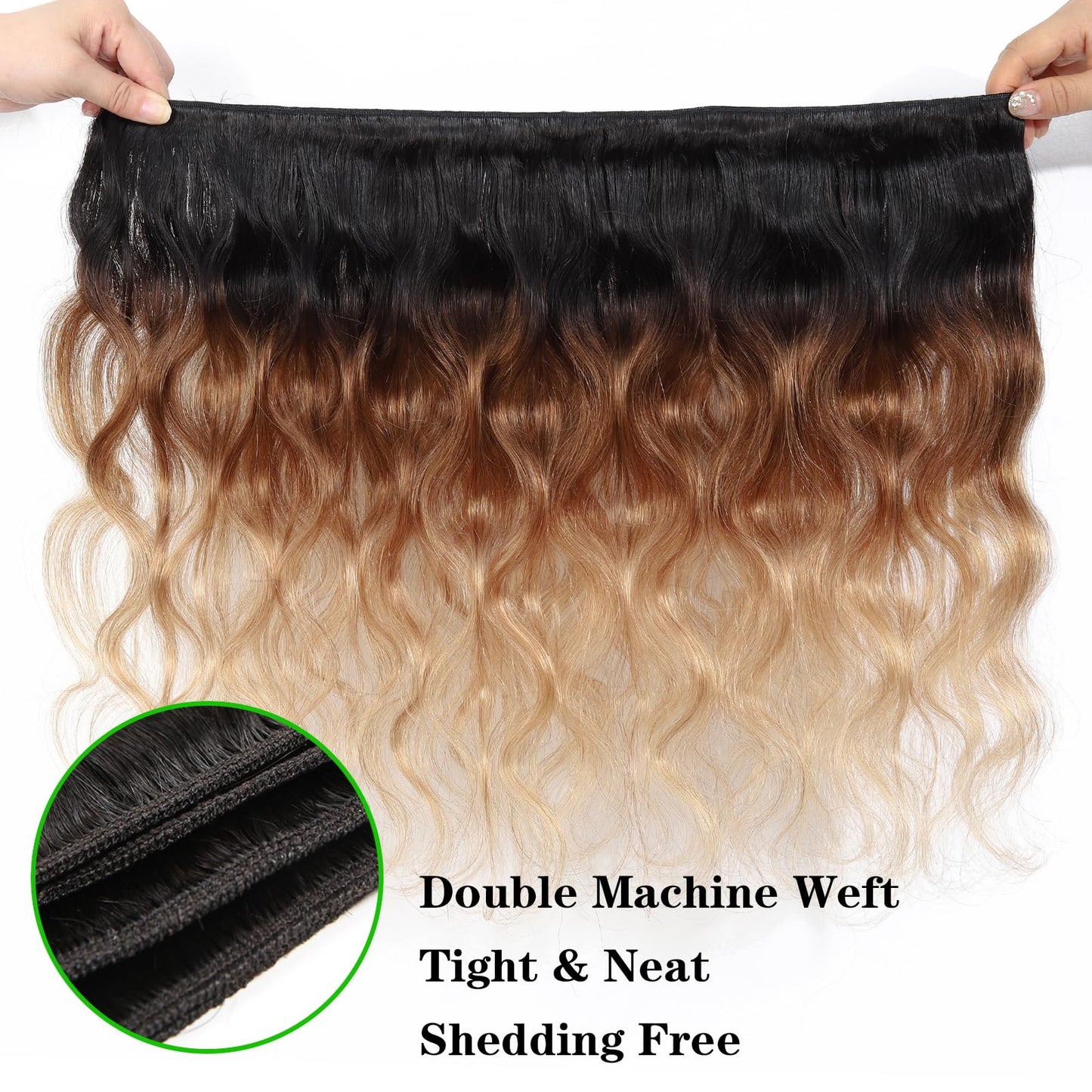 Kapelli Hair 10A Ombre Human Hair Bundles Ombre Brazilian Hair Body Wave (T1B/4/27,14" 16" 18") Ombre Brazilian Human Hair 100% Unprocessed Virgin Remy Hair Bundles 3 Tone Black to Blonde Human Hair Weave