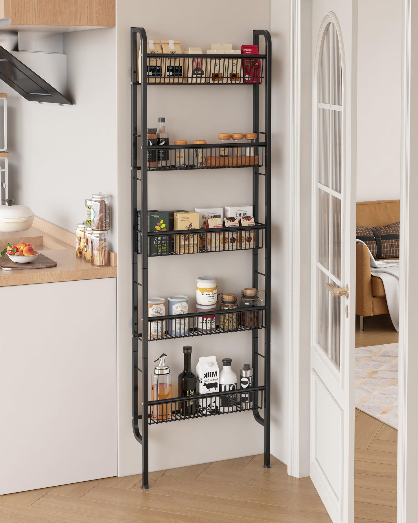 UMDONX Narrow Metal Storage Shelf Bathroom Organizer 5 Tier, Kitchen Behind Door Shelves Multifunctional Bookshelf (Black Width 9.5cm)