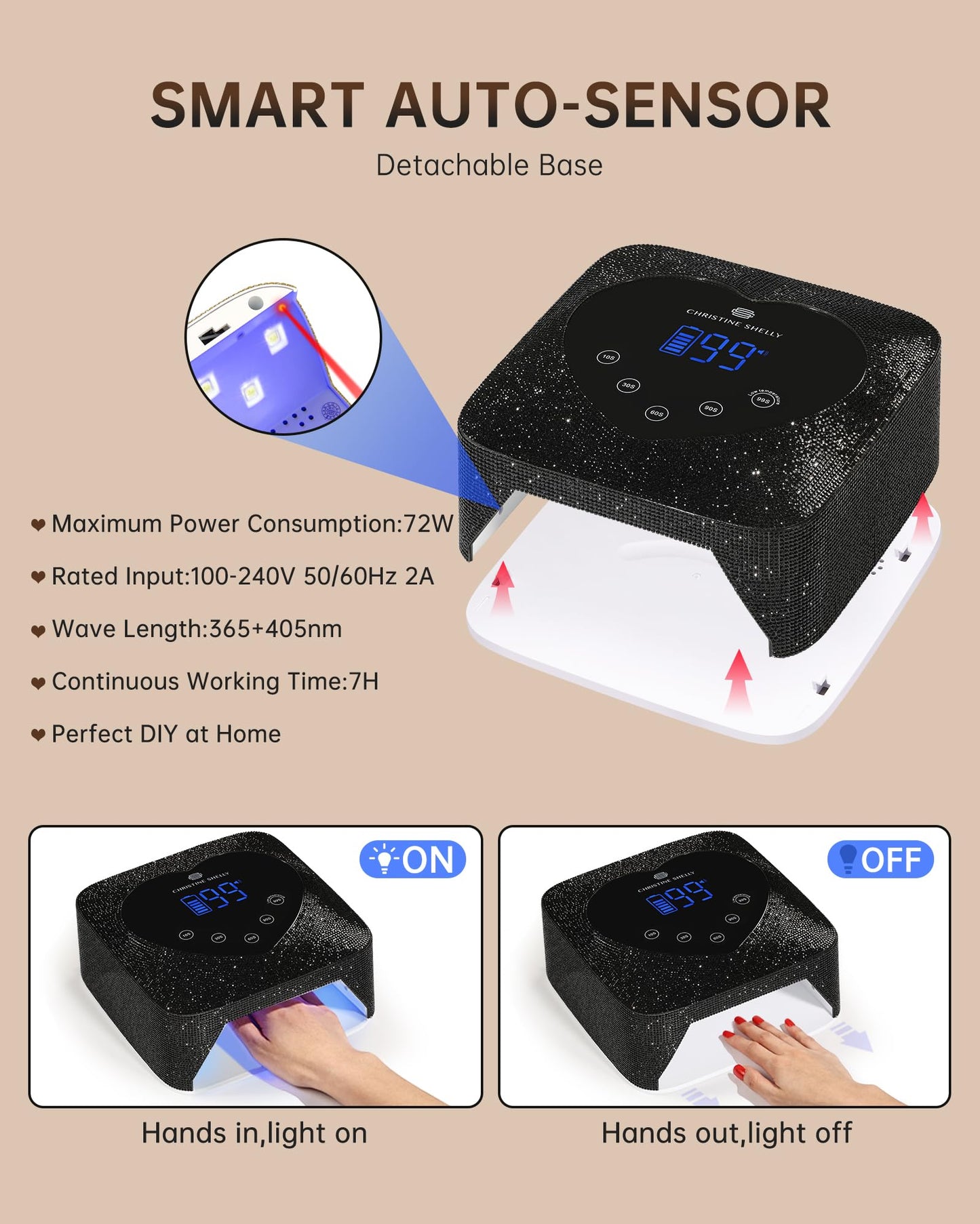 CHRISTINE SHELLY UV LED Nail Lamp 72W Rechargeable Sparkly Wireless Nail Dryer Gel Polish Light with 5 Timer Setting Professional Quick Dry Curing Lamp with Display Auto Sensor for Salon & Home, Black