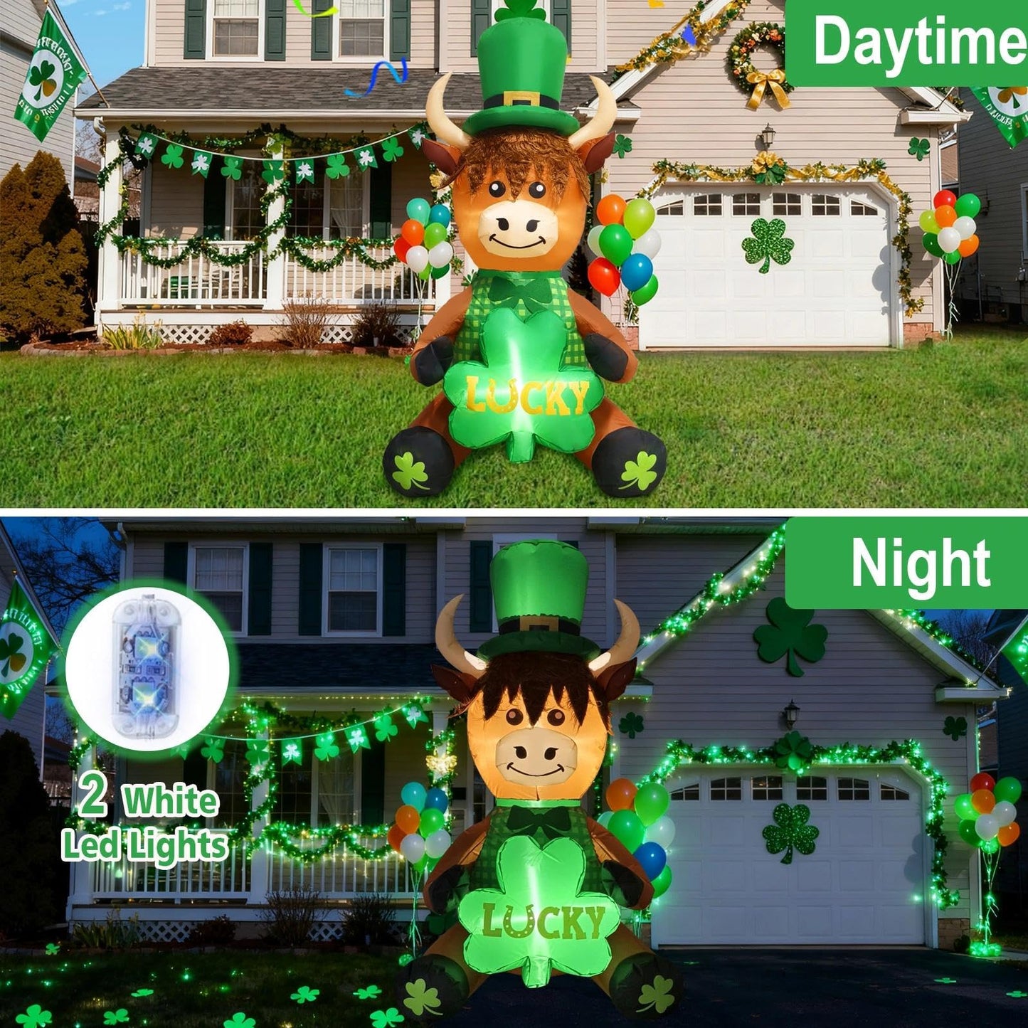 inslife 5FT Tall St. Patrick's Day Inflatable Outdoor Decoration Highland Cow Wearing Hat with Lucky Shamrock Built-in 2 LEDs for St. Patrick's Day Yard Garden Lawn Home Party Indoor Decor