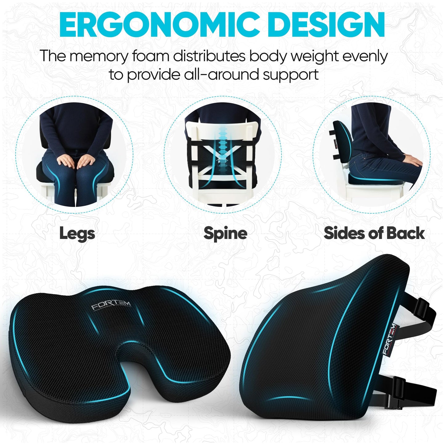 FORTEM Chair Cushion, Seat Cushion for Office Chair, Lumbar Support Pillow for Chair, Car Seat Cushion, Back Support Memory Foam Pillow Washable Cover (Black, Mesh)