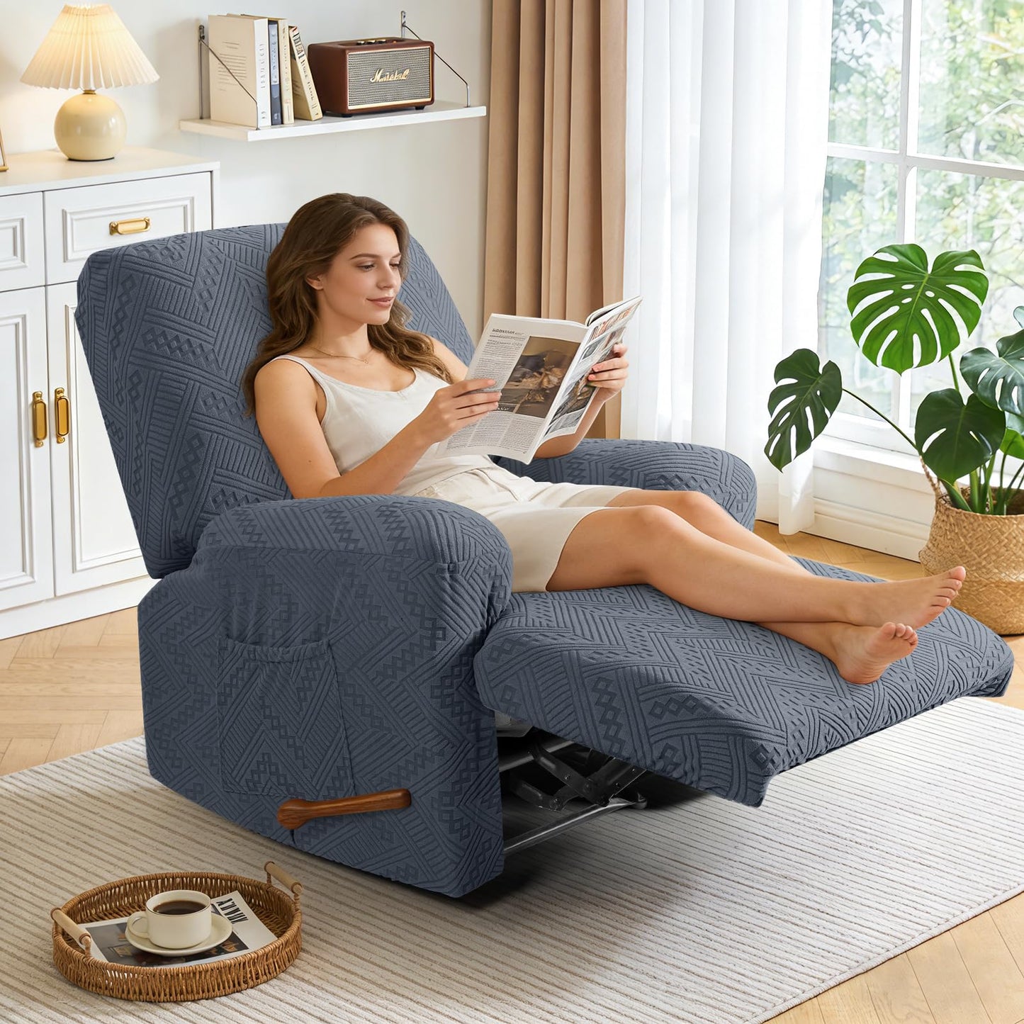 Ruaozz Recliner Sofa Covers Recliner Chair Covers Recliner Covers for Reclining Chair with Pockets Washable Furniture Protector with Elastic Bottom (1 Seater, Grey)