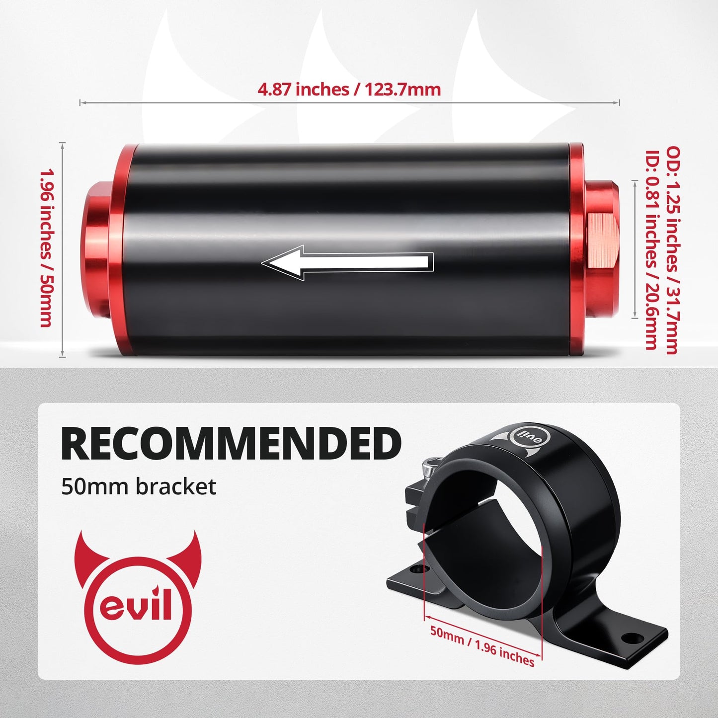 EVIL ENERGY Inline Fuel Filter 100 Micron with 6AN 8AN 10AN Adapter&Bracket Clamp 50MM Universal