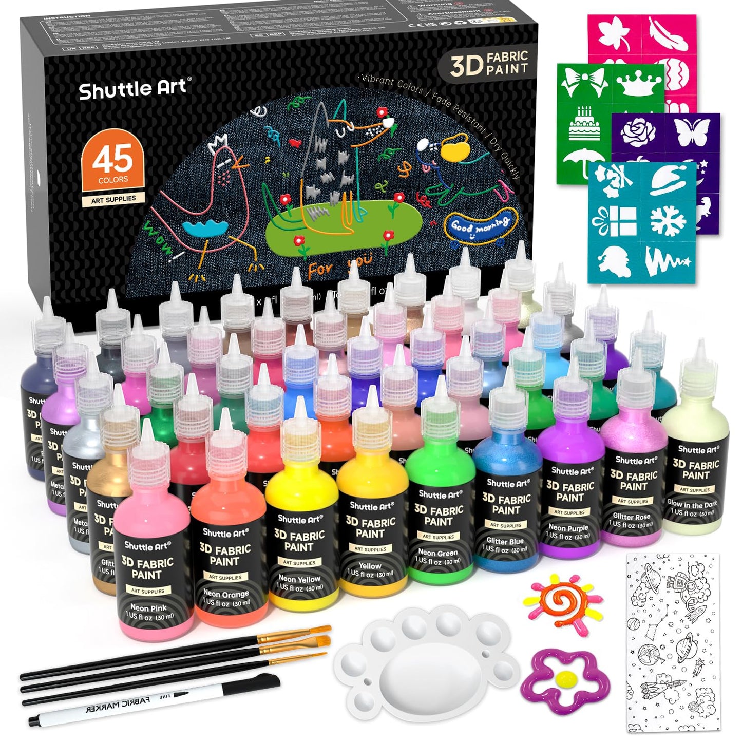 Shuttle Art Fabric Paint Set, 45 Colors 3D Permanent Paint with Brushes Palette Fabric Pen Sheet Stencils, Glow in The Dark, Glitter,Metallic Colors for Textile Fabric T-Shirt Jeans Glass