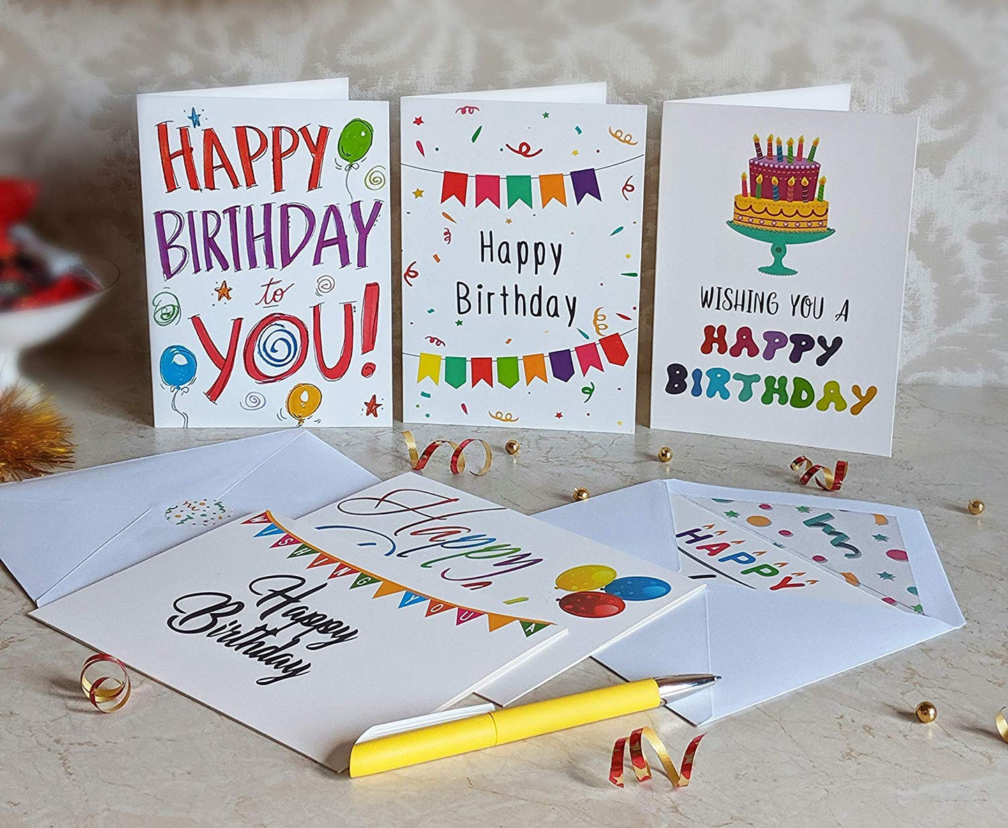 100 Happy Birthday Cards, Large Assorted Greeting Notes with Envelopes and Stickers, 10 Unique Designs, 5x7 Inch, Thick Card Stock Bulk Box Set