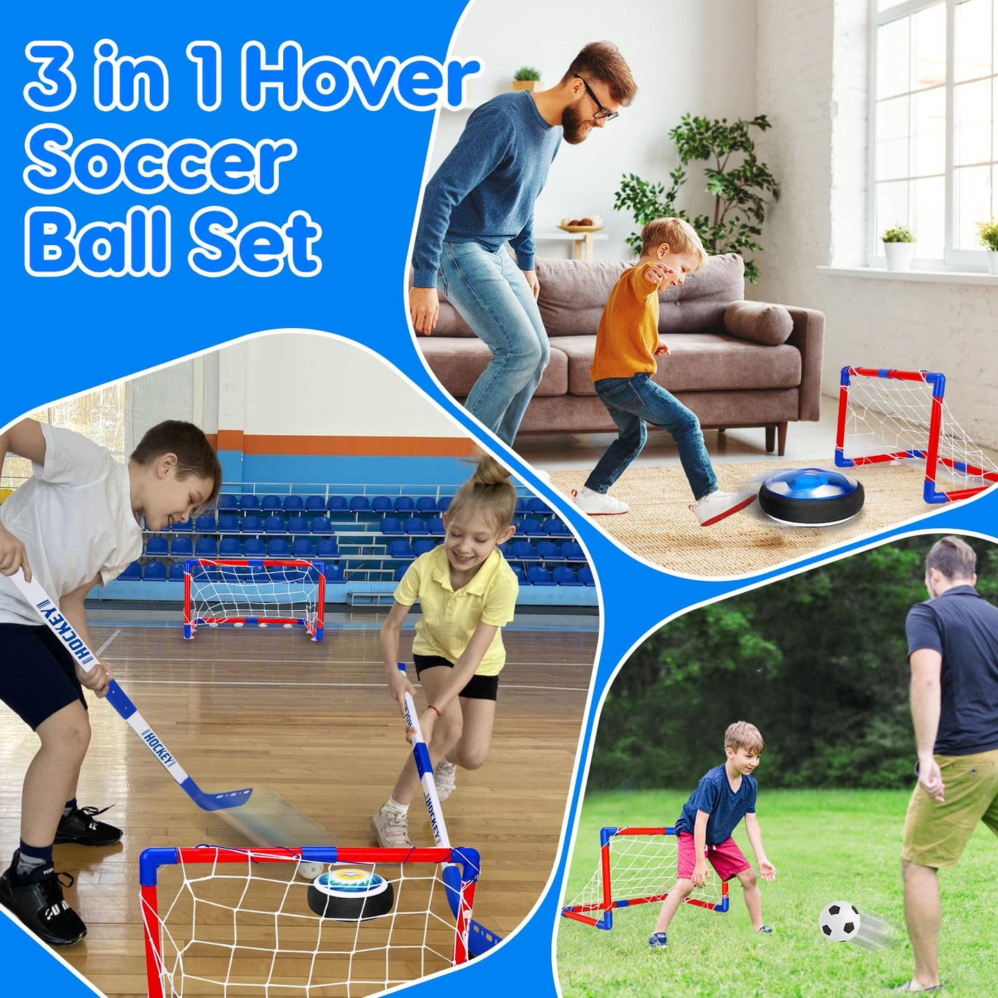 3 in 1 Hover Soccer Ball Toddler Hockey Set with LED Lights Indoor Toys for Kids Soccer Gift for Boys 6-8 8-12 Kids Sports Soccer Games 3 4 5 6 7 8 9 10 Year Old Boy Gift Ideas Birthday Gift