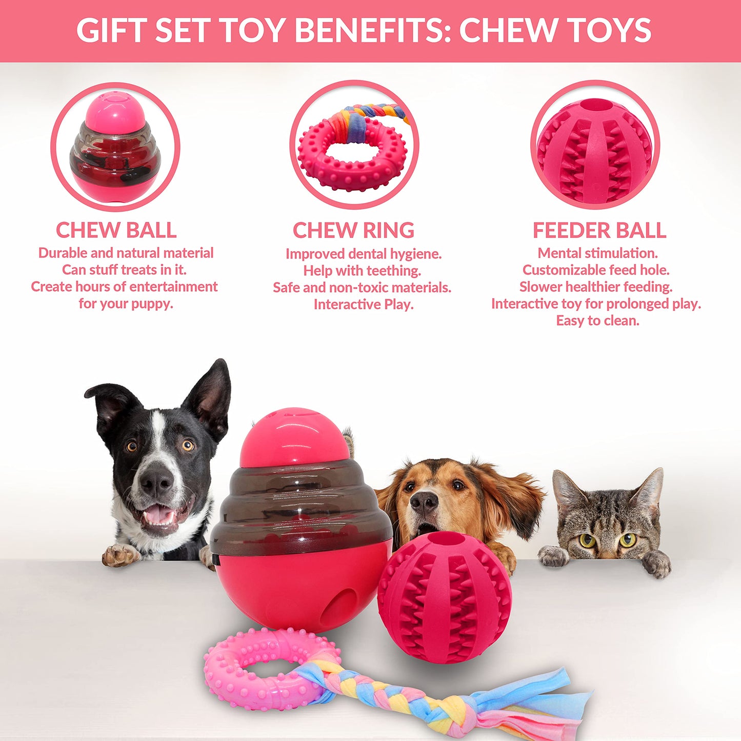 SoSoCute Pink Dog Gift Box - Puppy Chew Toy Set of 5 - Care Package with Dog Blanket, Squeaky Plush, Rubber Puppy Teether, Teething Ball, and Treat Ball for Small and Medium Dogs