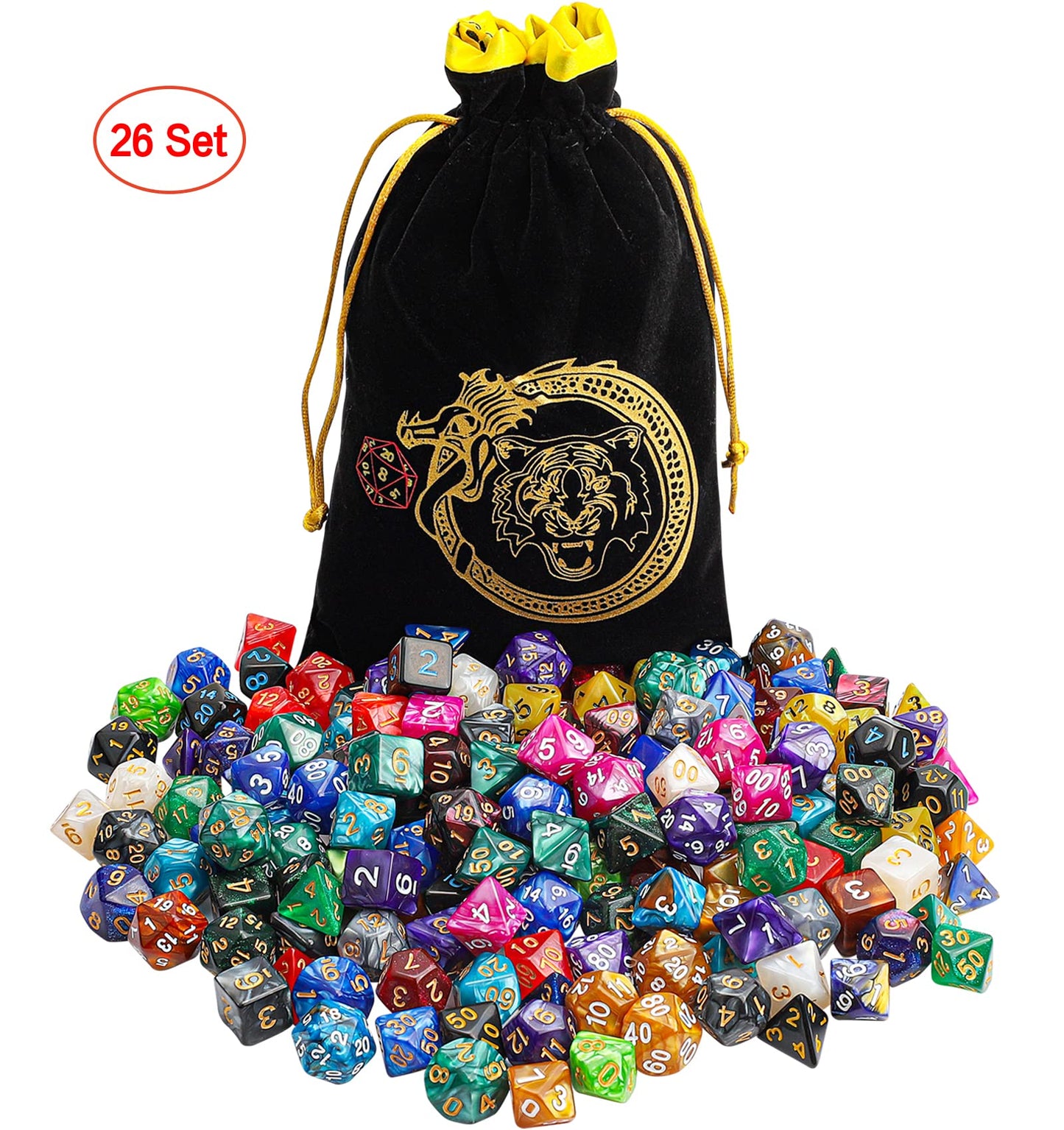 CiaraQ DND Dice Sets - 26 X 7 Polyhedral Dice (182pcs) with a Large Drawstring Bag Great for Dungeons and Dragons, Role Playing Table Game.