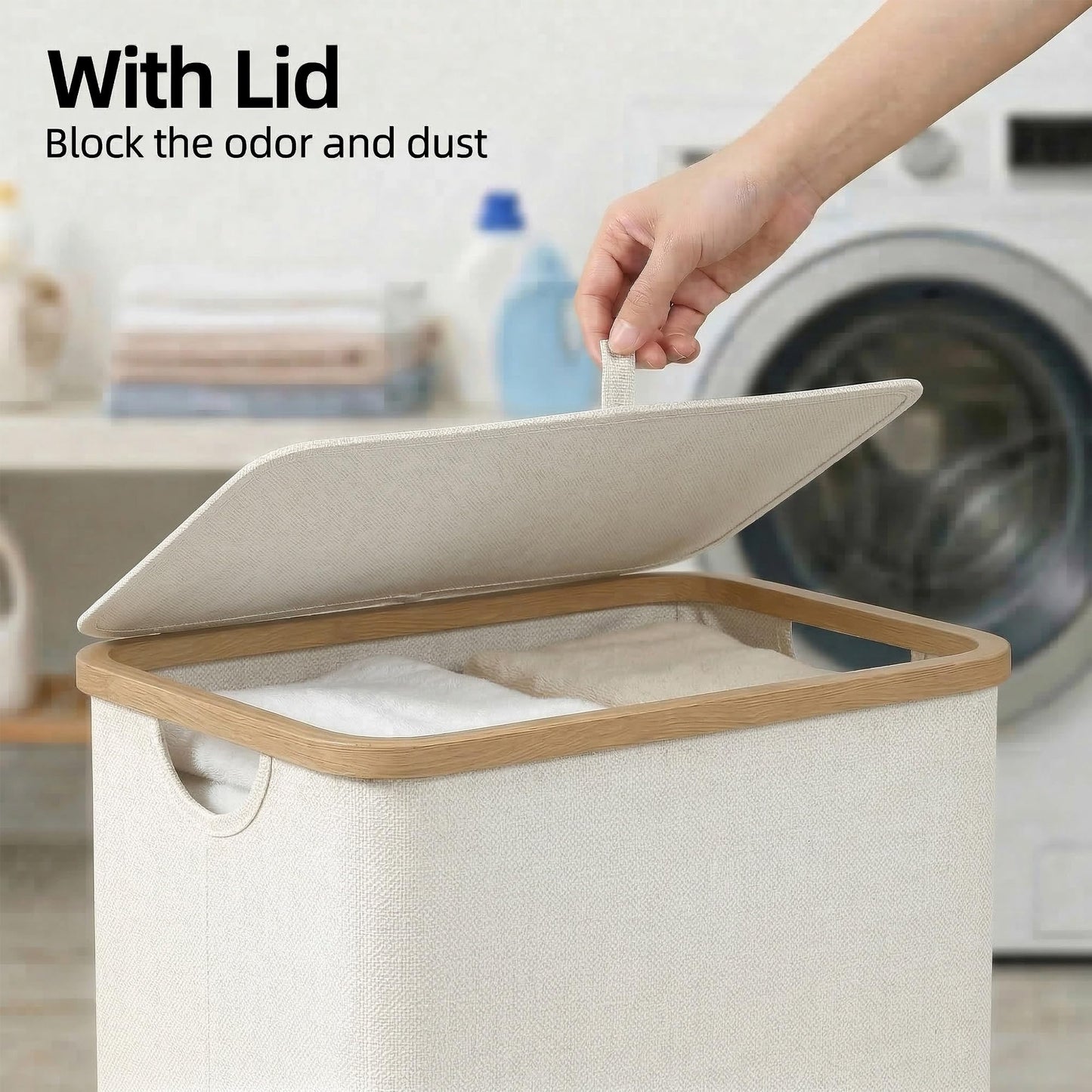 efluky Slim Laundry Basket with Lid, Narrow Laundry Hamper with Removable Bag, Skinny Dirty Clothes Basket with Bamboo Handles for Bathroom, Bedroom & Laundry Room, 65L Beige