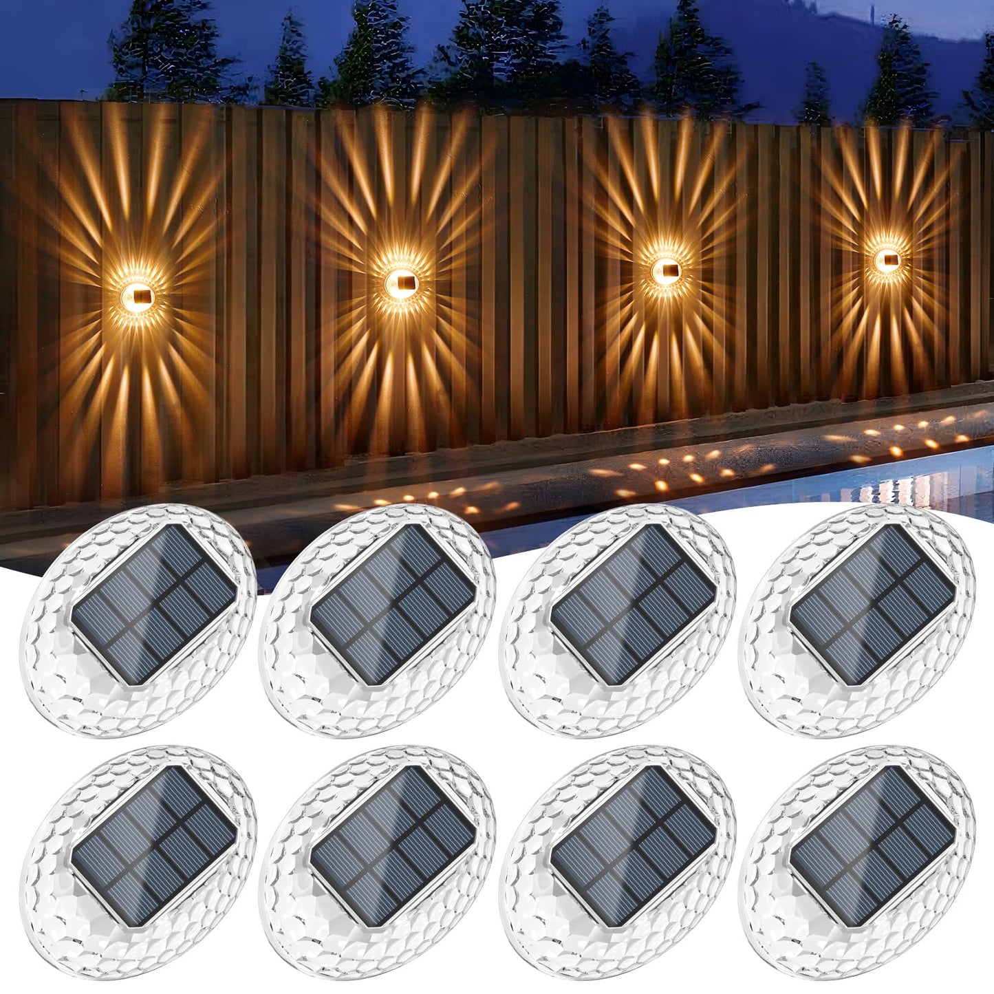 Quntis Outdoor Solar Lights 8 Pack, 360°Glow Decorative Solar Fence Lights, Auto On/Off Solar Powered Wall Lights, Solar Lights Outdoor Waterproof for Yard Garden Patio Railing Pool, Warm White