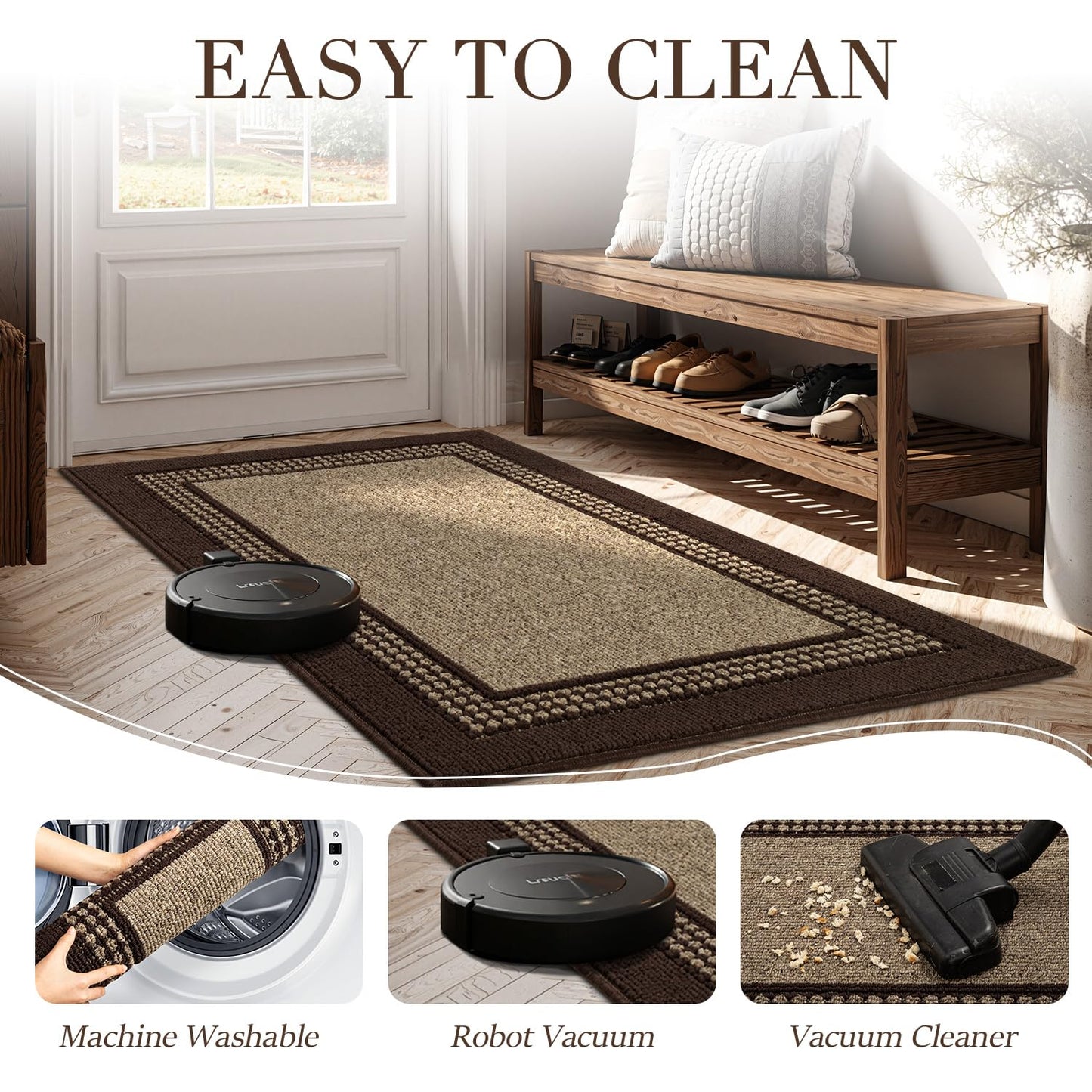 hicorfe Indoor Door Mat,36"x59"Non Slip Absorbent Front Doormat,Mud Trapper Washable Inside Entryway Rug,Low-Profile Floor Mats Rubber Backing Welcome Entrance Rug,Coffee