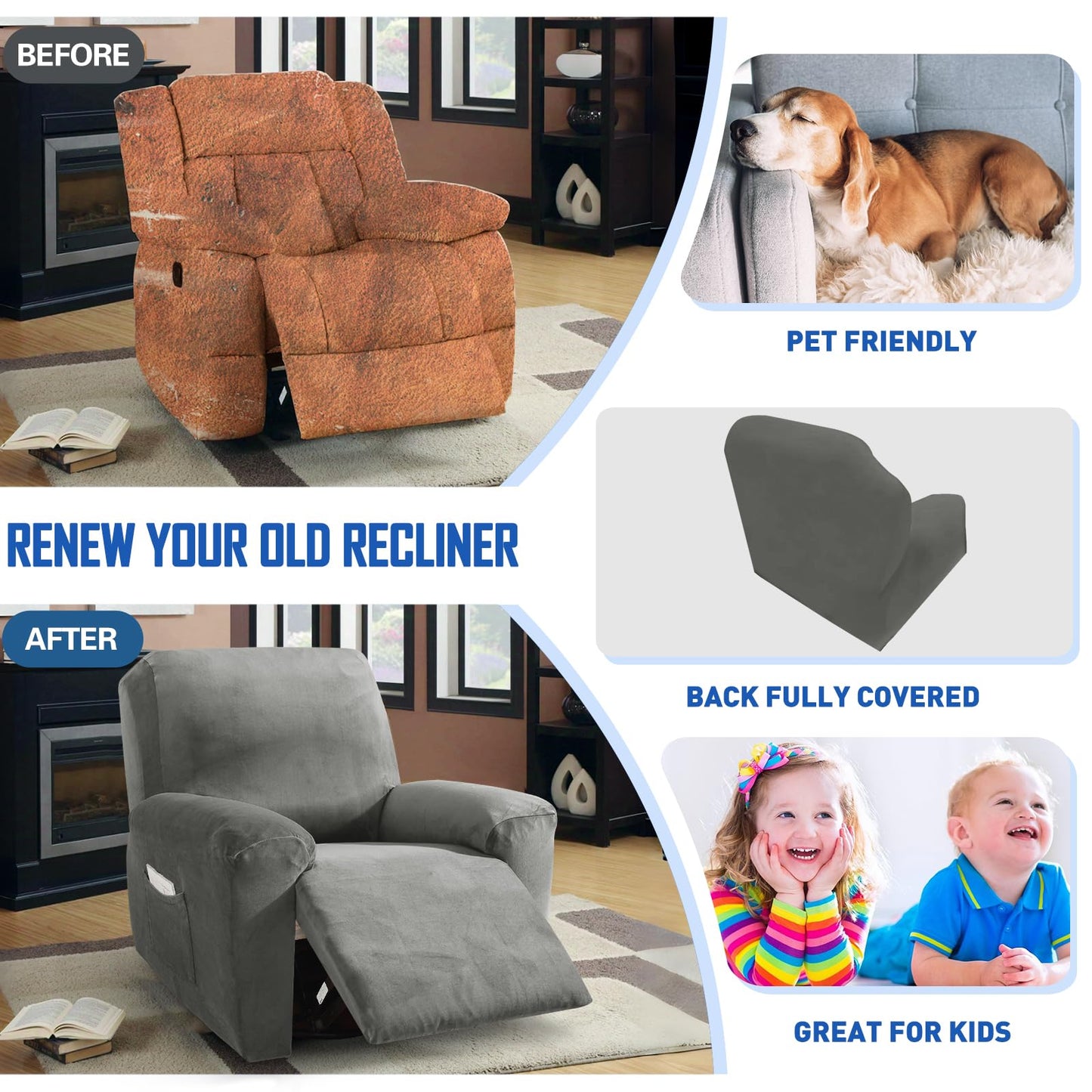 MAXIJIN Velvet 4 Piece Recliner Chair Covers Stretch Plush Sofa Slipcover Recliner Cover Thick Soft Reclining Protector with Side Pocket (1 Seat, Gray)