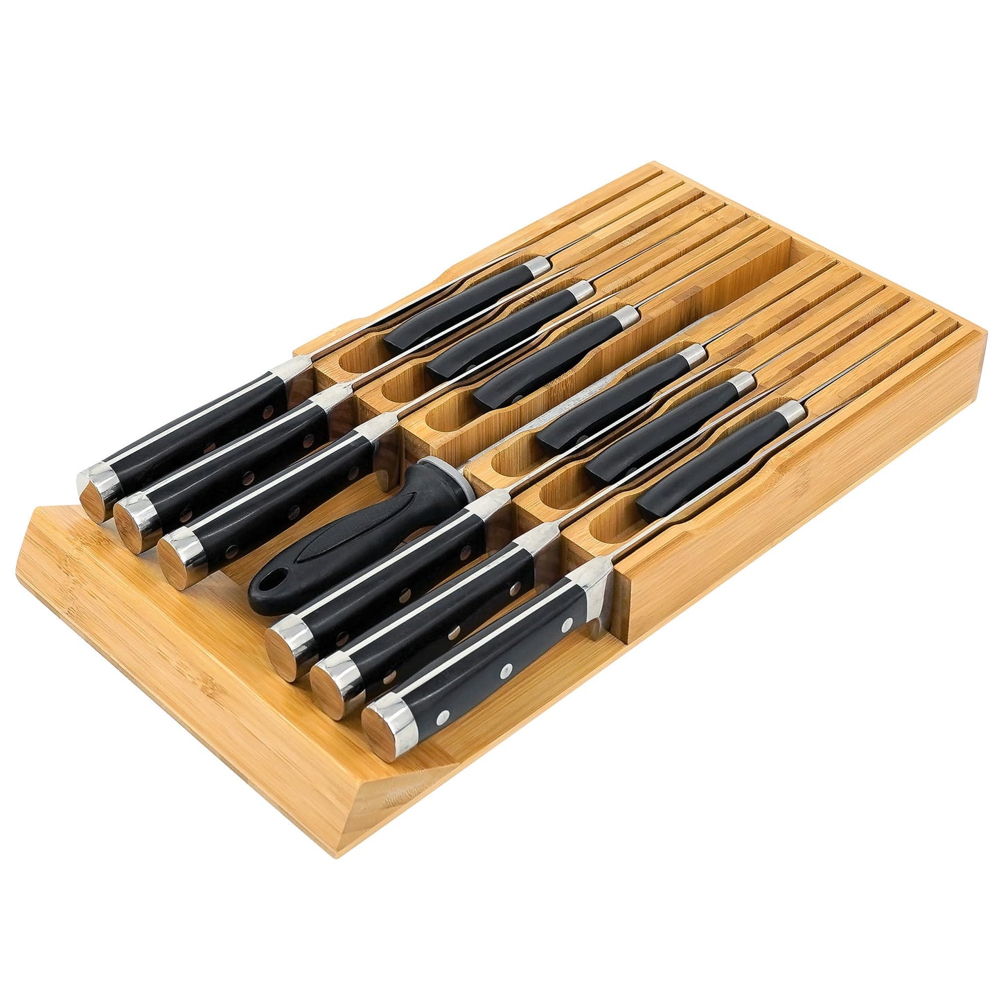 VaeFae Bamboo Knife Drawer Organizer Insert, Kitchen Drawer Knife Block for 12 Knives and a Plus Slot for Your Knife Sharpener (Without Knives)