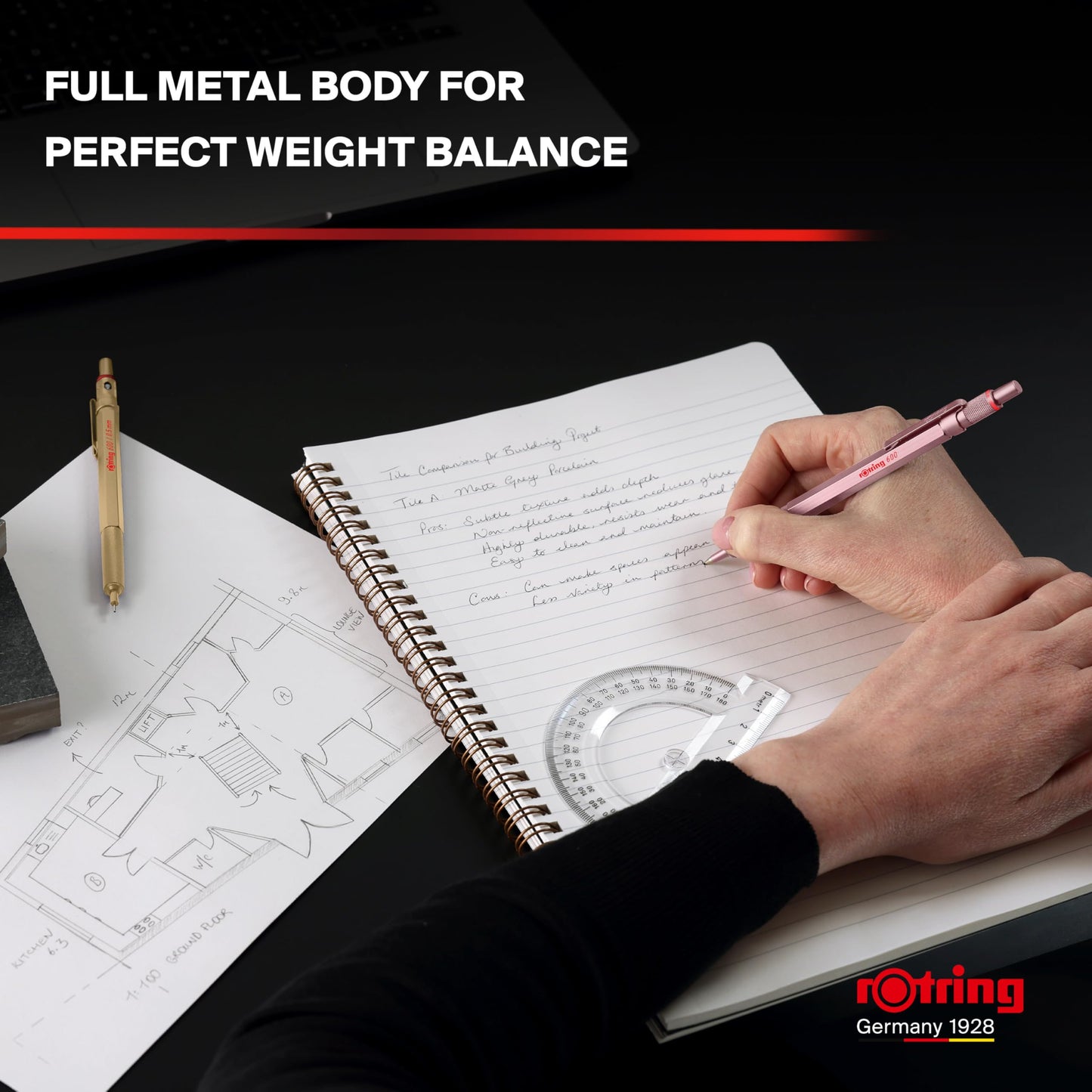 Rottling Mechanical Pencil Rose Gold 600 2158794 0.5mm rOtring Mechanical Pencil Premium Writing Instrument Stationery German Drafting Pen Professional Ballpoint Pen