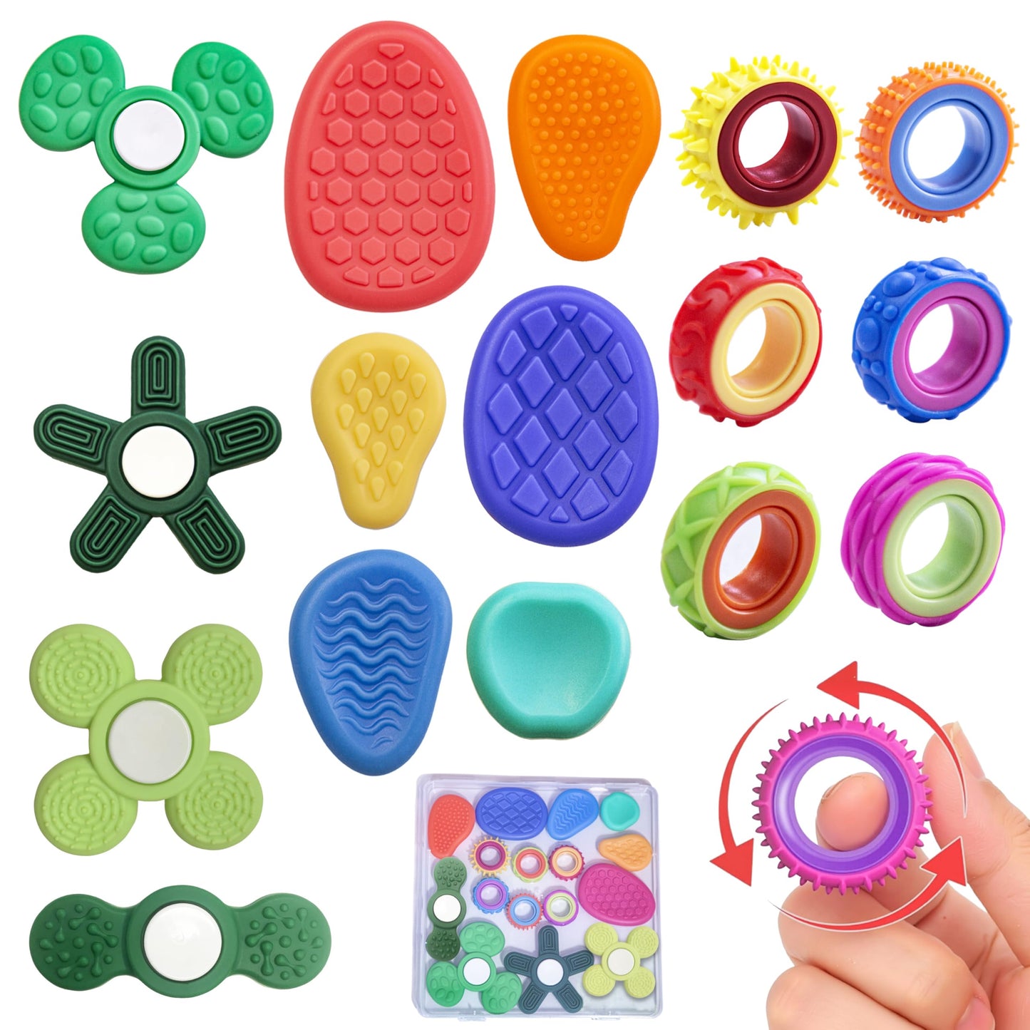LIHBCAIYI Fidget Toys 16Pcs Sensory Worry Stone Kits Fidget Spinner Rings for Kids Adults Anxiety Stress Relief Autism ADHD Calm Down Toys Quiet Fidgets for Classroom Prizes