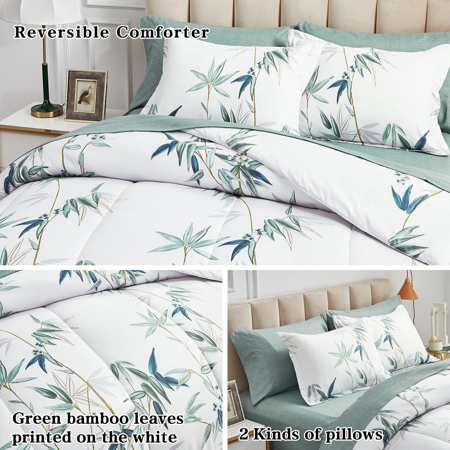 7 Pieces Bed in a Bag King Comforter Set with Sheets, Green Leaves on White Botanical Design Bedding Sets for All Season (1 Comforter, 2 Pillow Shams, 1 Flat Sheet, 1 Fitted Sheet, 2 Pillowcases)