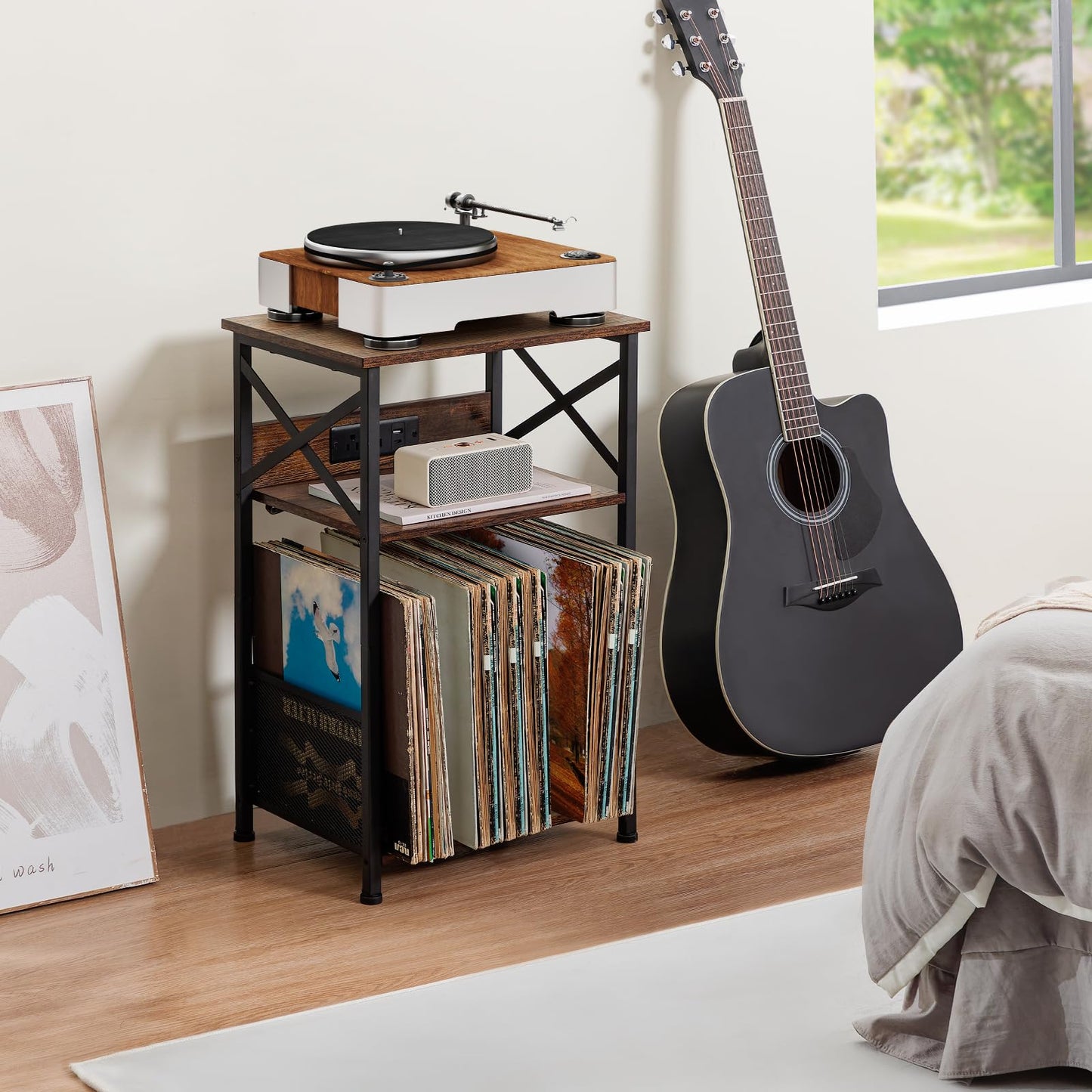 AMHANCIBLE Record Player Stand with Charging Station, Turntable Stand with Storage Cabinet, 3 Tier End Table Hold Up to 100 Albums, Record Stand for Vinyl, Living Room, Rustic Brown, HETCD01BR-1