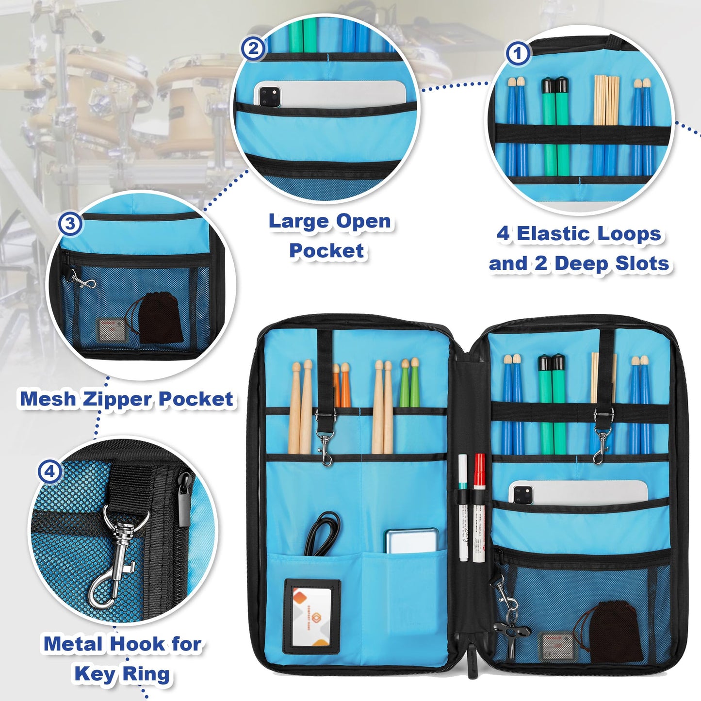 Yarwo Drum Stick Bag with Hanging Hooks, Drum Mallet Holder with Adjustable Shoulder Strap for Drumsticks, Mallets, Brushes, Sheet Music, Percussion Accessories for Drummers in Band, Gig, Studio
