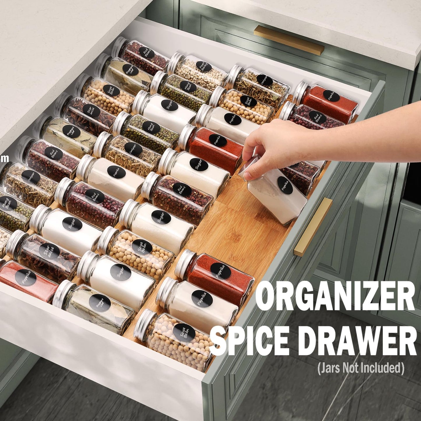 DEWVIE Bamboo Spice Rack for Drawer - Adjustable 4 Tier Spice Rack Drawer Organizer for Kitchen Cabinet Drawer Storage, Expandable 13" to 26"