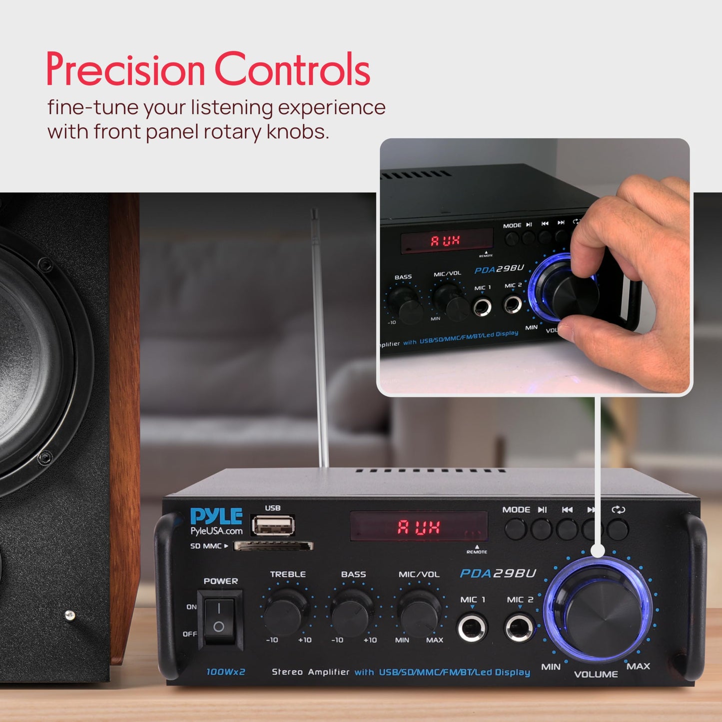 Pyle Bluetooth Amplifier-Wireless Dual Channel Stereo Amp, Powerful and Compact, 200W, LED Display, RCA/USB/SD/AUX/MIC in, FM Radio, Perfect for Home and Studio Audio