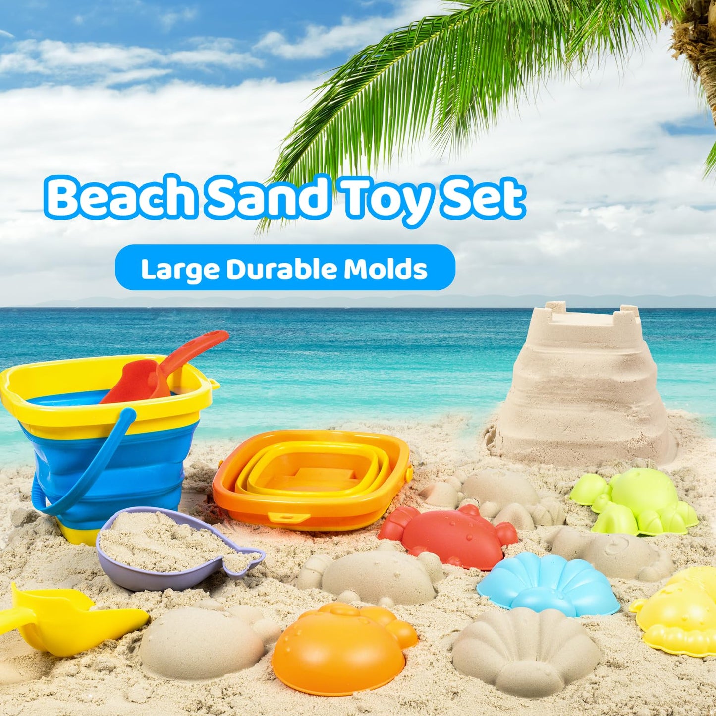 Kids Beach Sand Toys with 2 Collapsible Beach Sand Buckets, Big Size Sand Molds, 2 Mesh Shell Bags, Shovels Set Travel Sandbox Toys for Toddler Ages 3-10