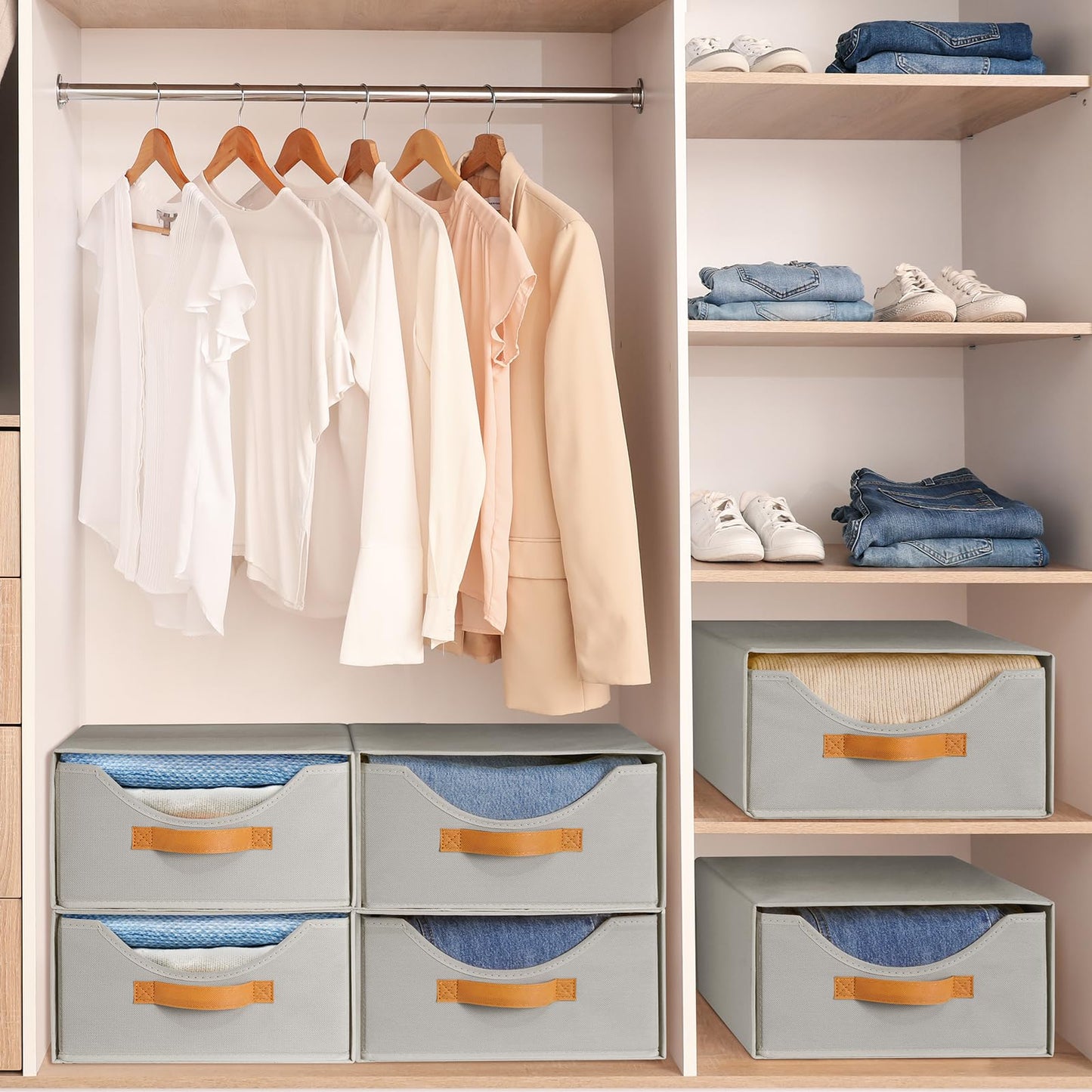Baesyhom 6 Pcs 16.5" Closet Drawers and Large Size Clothes Storage Bins Push-Out Storage Stackable Shelf Drawers with See-Through Window Closet Organizers for Bedroom, Living Room, Under Bed, Grey