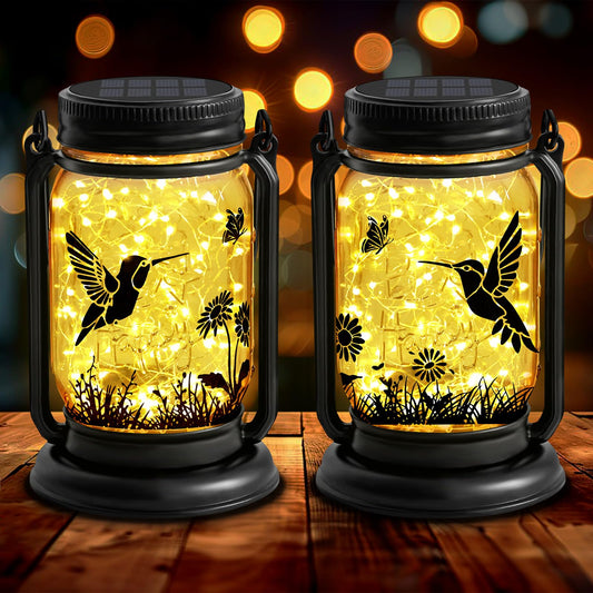 2 Pack Hummingbird Solar Outdoor Lanterns, Birthday Mothers Day Gifts for Women Mom Grandma, Vintage Glass Mason Jar Solar Fairy Lights, Waterproof Garden Lights for Patio Yard Lawn Tree Party Decor