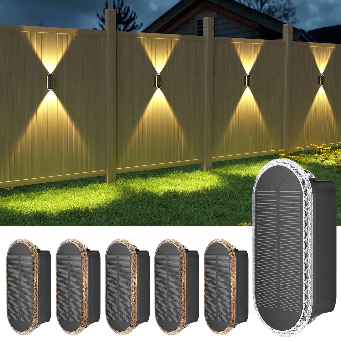 Ellasay Fence Lights Solar Powered: 6-Pack Solar Wall Lights Outdoor Up and Down IP65 Waterproof - 3 Colors Modes Brighter LED Lens Solar Lights Dusk to Dawn 12h for Backyard/Porch/Railing/Balcony