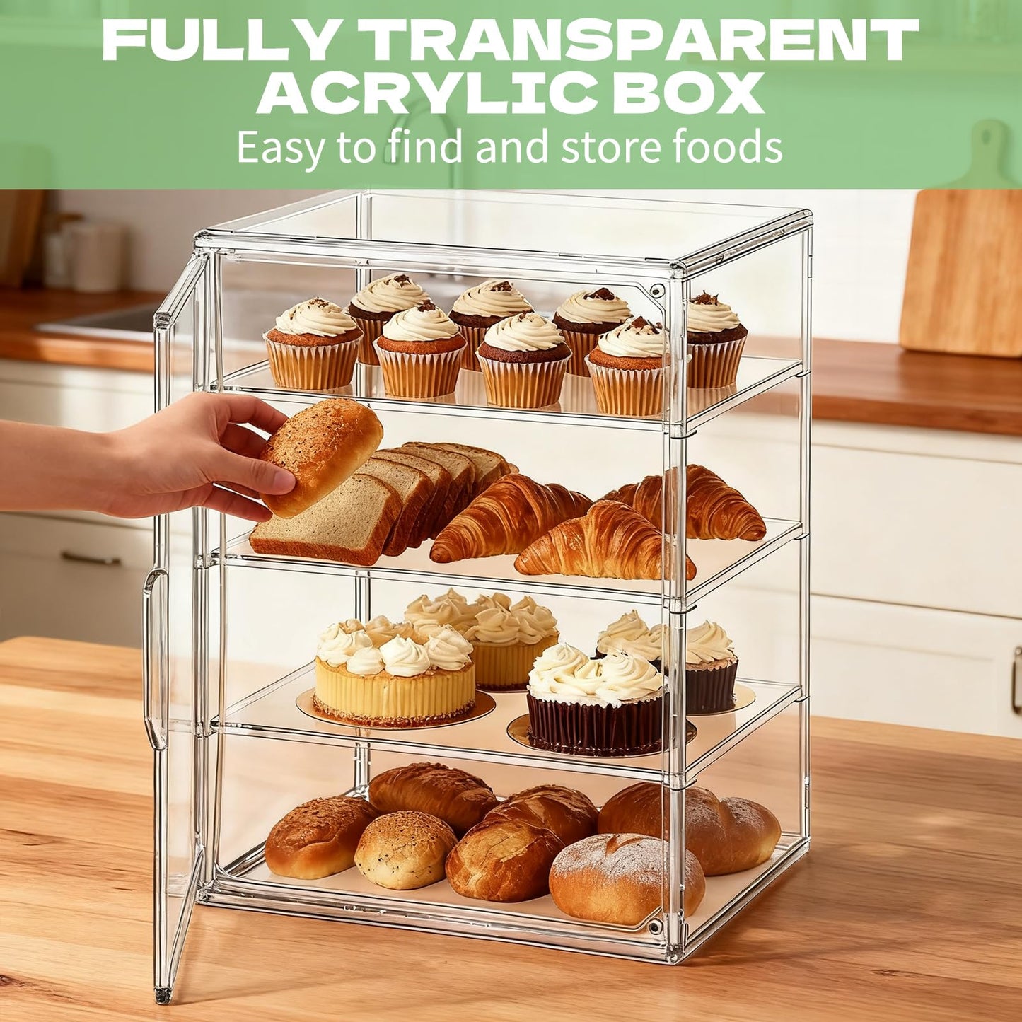 2 Pack 4 Layers Adjustable Clear Bread Storage Box for Kitchen Countertop,Large Bread Storage Container, Bread Box for Kitchen, Bread Storage Container with Clear Windows for Bread, Bagel, Muffins