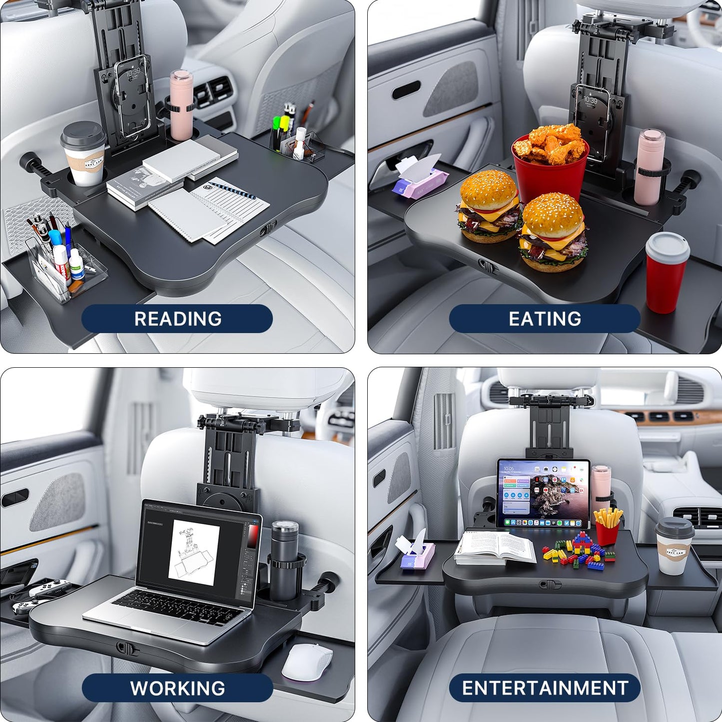 Car Back Seat Tray Table, Auto Stable Foldable Backseat Food Trays Desk for Rear Passenger Road Trip Eating Work, Multifunctional Adjustable Travel Tray with Phone Drink Holder for Laptop iPad