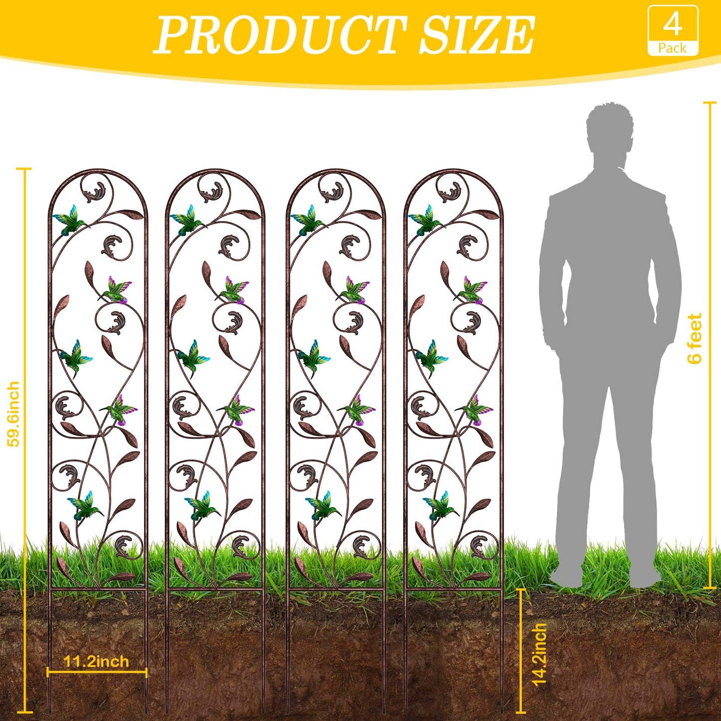 aboxoo Set of 4 Packs Hummingbird Metal Garden Trellis for Climbing Plants,Outdoor Decorative Flowers Arch Fence Trellis for Outdoor Patio,Garden,Lawn,Yard,Backyard,Wall Brackets,60'' H x 11'' W
