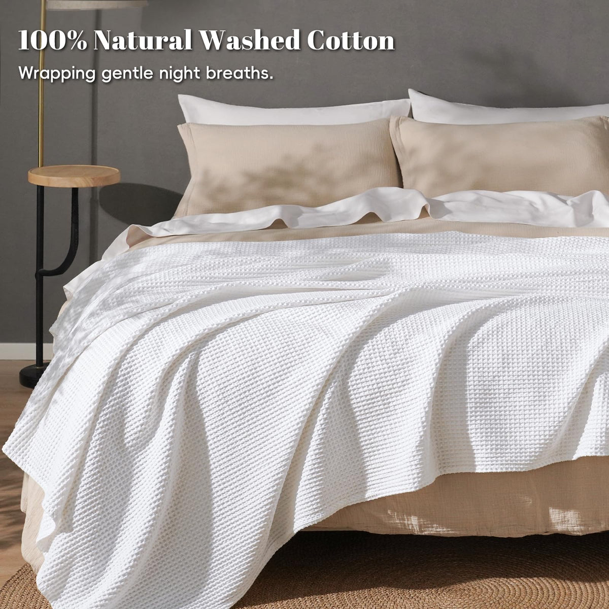 PHF 100% Natural Cotton Waffle Blanket Queen Size, Washed Soft Lightweight Breathable Comfy Throw, Elegant Decor for Bed Sofa Office Car, Essential Bedding for All Seasons, White, 90" x 90"