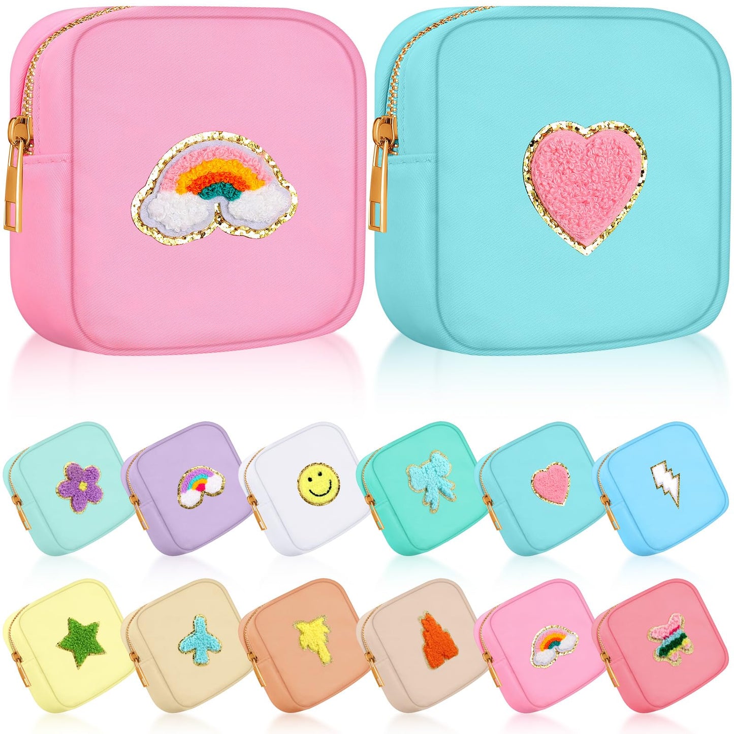 Sumind 12 Pcs Preppy Patch Cute Makeup Bag Travel Cosmetic Toiletry Chenille Skincare Bag Portable Nylon Organizer Storage Purse Small Zipper Makeup Pouch Daily Use Storage Purse for Women Girls Gift