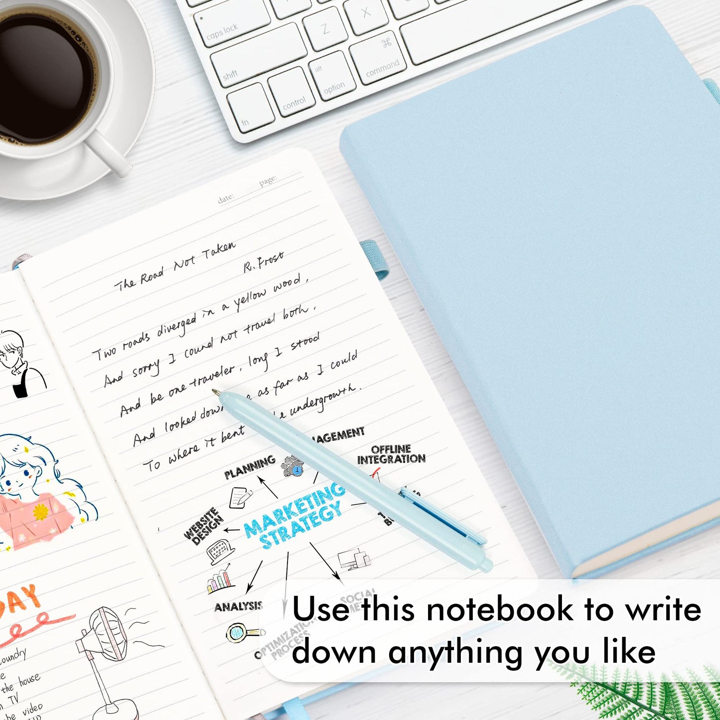 feela 5 Pack Journal Notebook Bulk for School, Hardcover Business Notebooks Classic Ruled Lined Journals with Pen Holder for Work Note Taking, with 5 Black Pens, 120 GSM, 5.1”x8.3”, A5, Light Blue