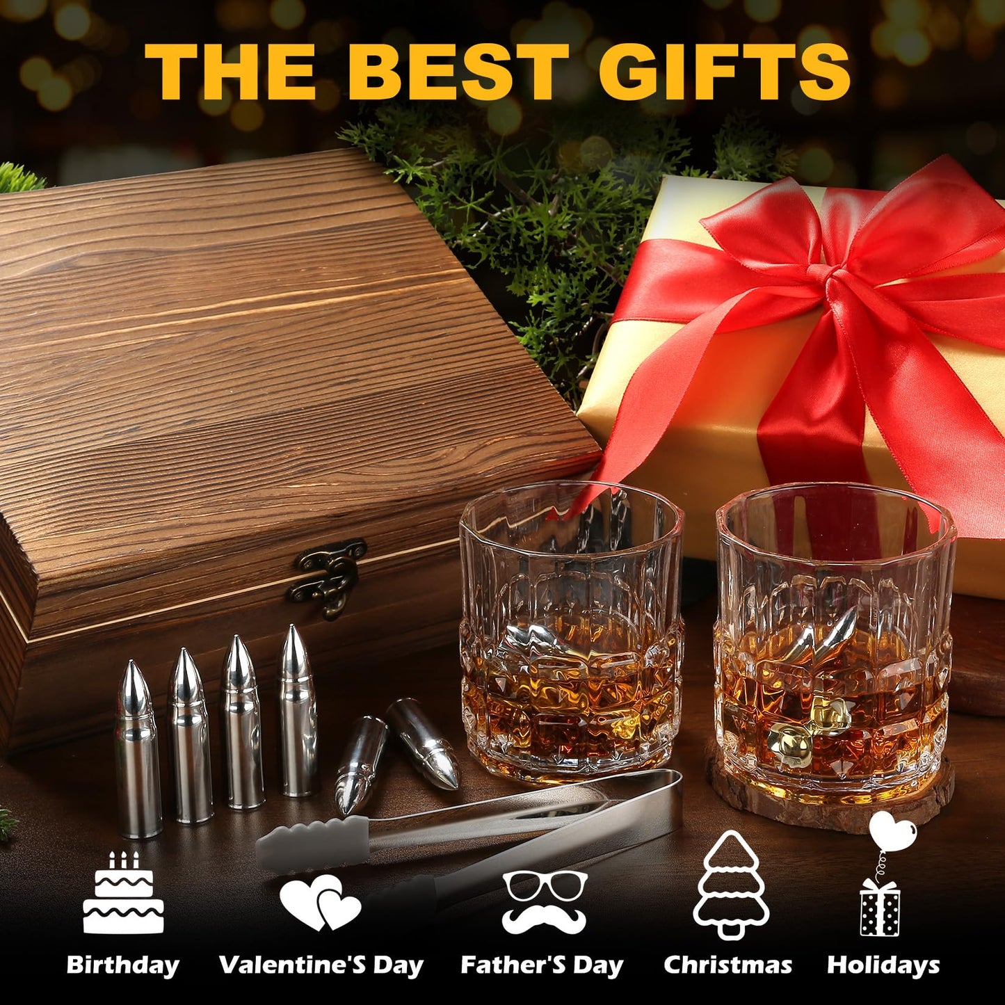 Gifts for Men, Father's Day Anniversary Birthday Gifts Ideas for Men Dad Him Husband Boyfriend, Stainless Steel Whiskey Stones and Whiskey Glasses Set, Cool Whiskey Bourbon Gifts for Men