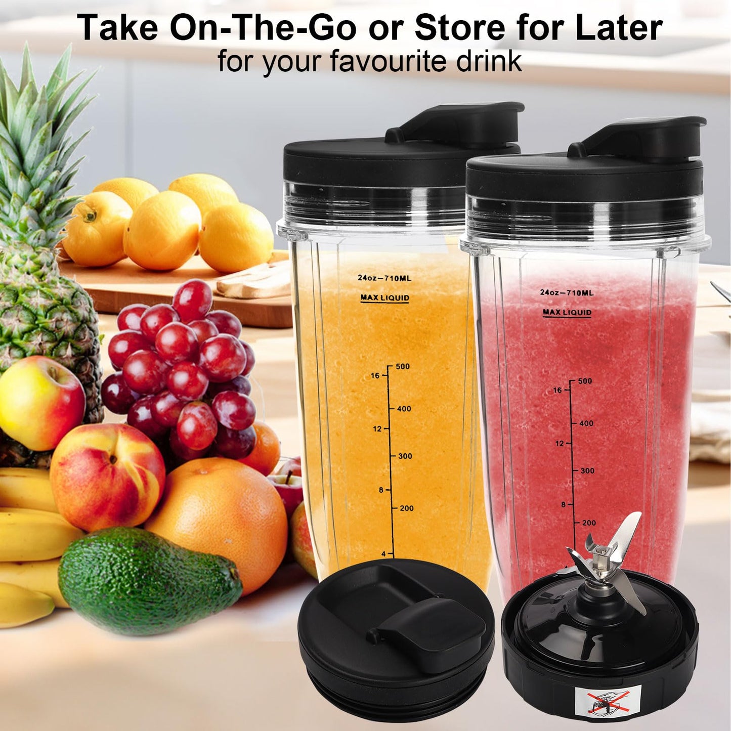 6 Pack Ninja Blender Cups Replacement and Blade, 24oz Ninja Cups for Blender and 7Fins Blade Replacement with Cleaning Brush, Compatible Nutri Ninja Auto iQ BN801 BL480 BL640 BL642 NN100 BL2012