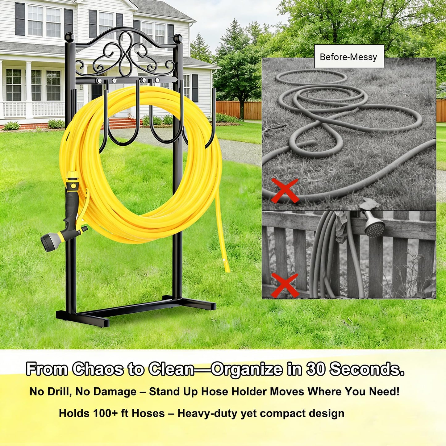 Shomextol Garden Hose Holder, Easy Coiling & Tangle-Free Metal Hose Reel, Portable Water Hose Storage Organizer for 100FT Hoses, Black for Lawn, Yard and Garden.