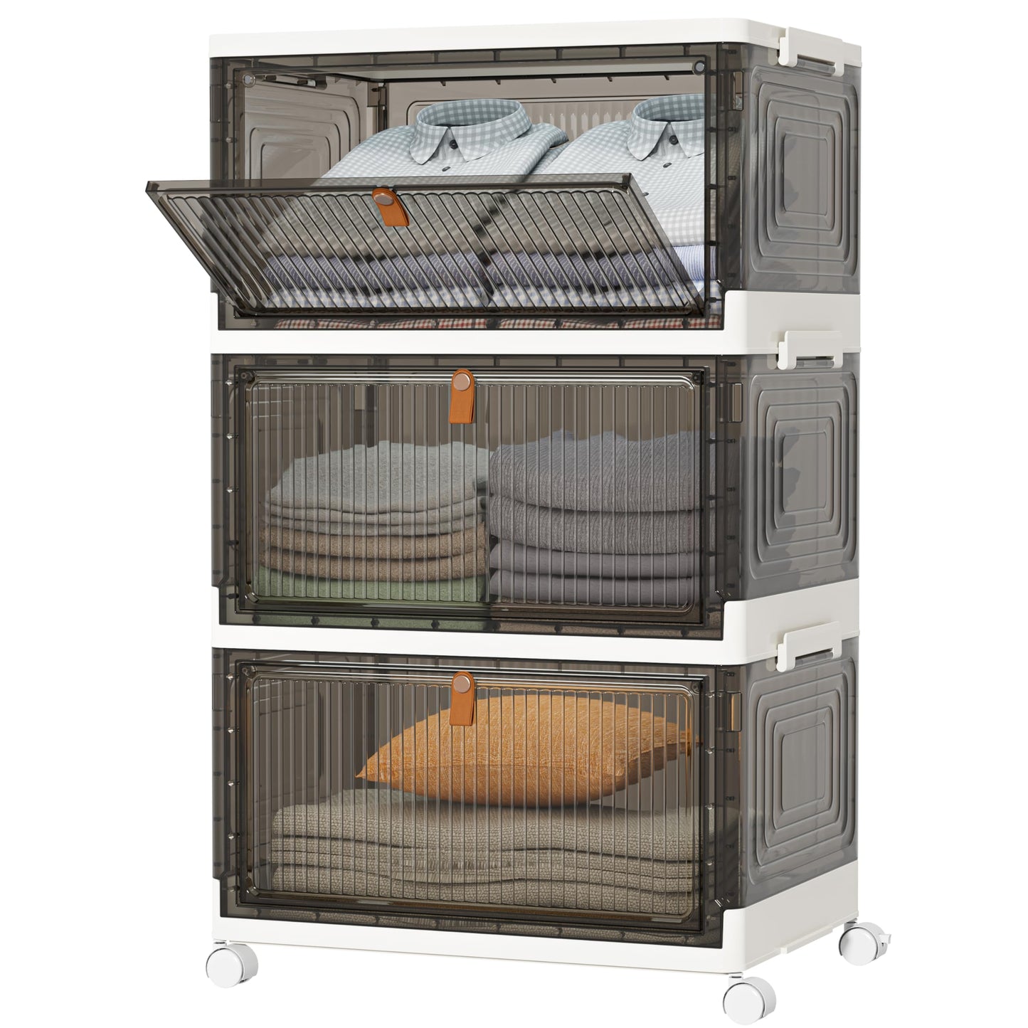 HOMIDEC Closet Organizers, 3 Tiers with a Top Lid, Wardrobe Closet with Wheels, Closet Organizers and Storage for Clothes, Stackable Closet Storage Bins, for Living Room, Bedroom, Dove Gray 33L*3 Pack