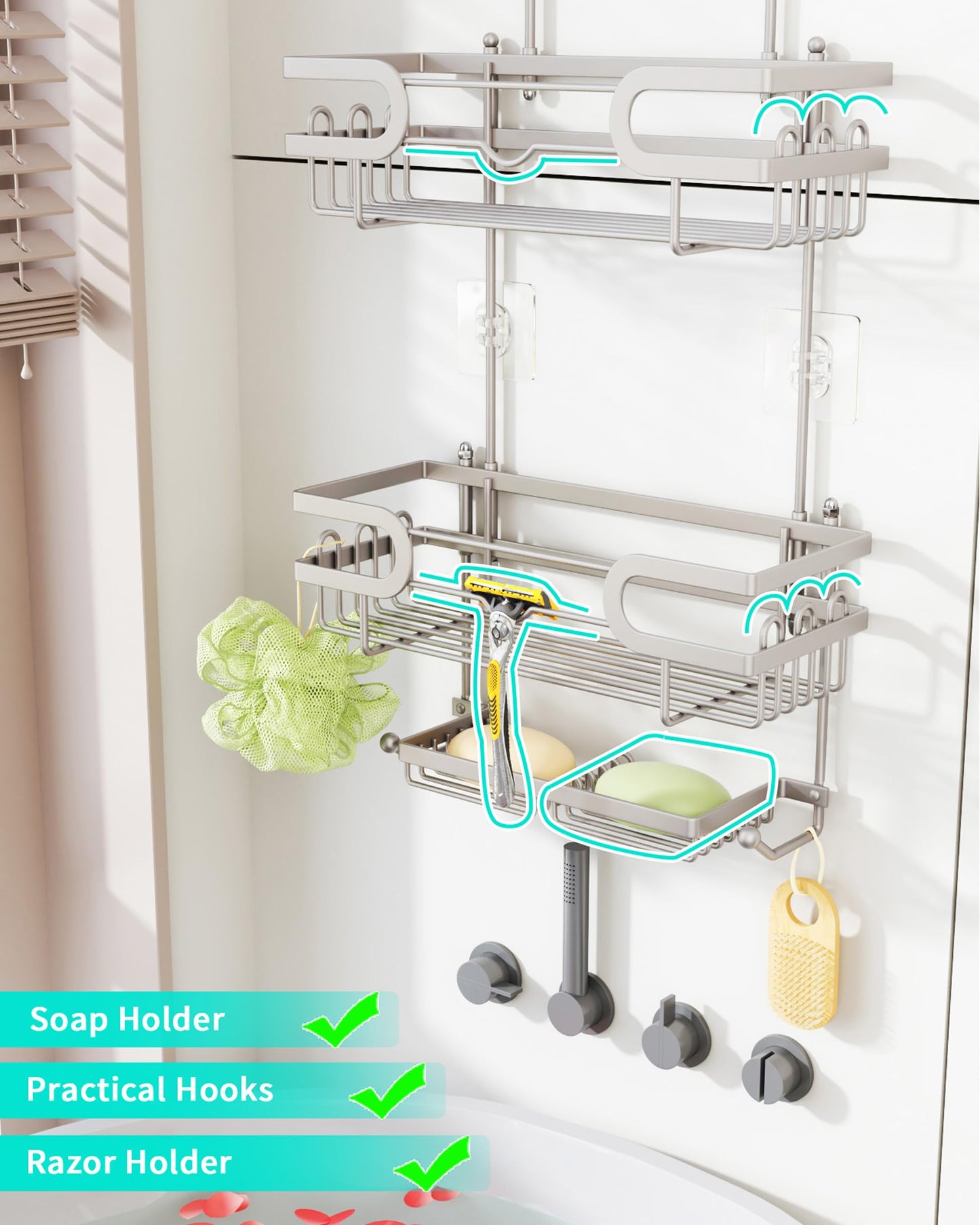 HapiRm Shower Caddy Hanging - 3 Tier Over Head Shower Caddy No Drilling, Bathroom Organizers with 2 Soap Holder & 12 Hooks, Bathroom Shelf Organizer for Shampoo, Soap, 12.6 x 4.7 x 28in