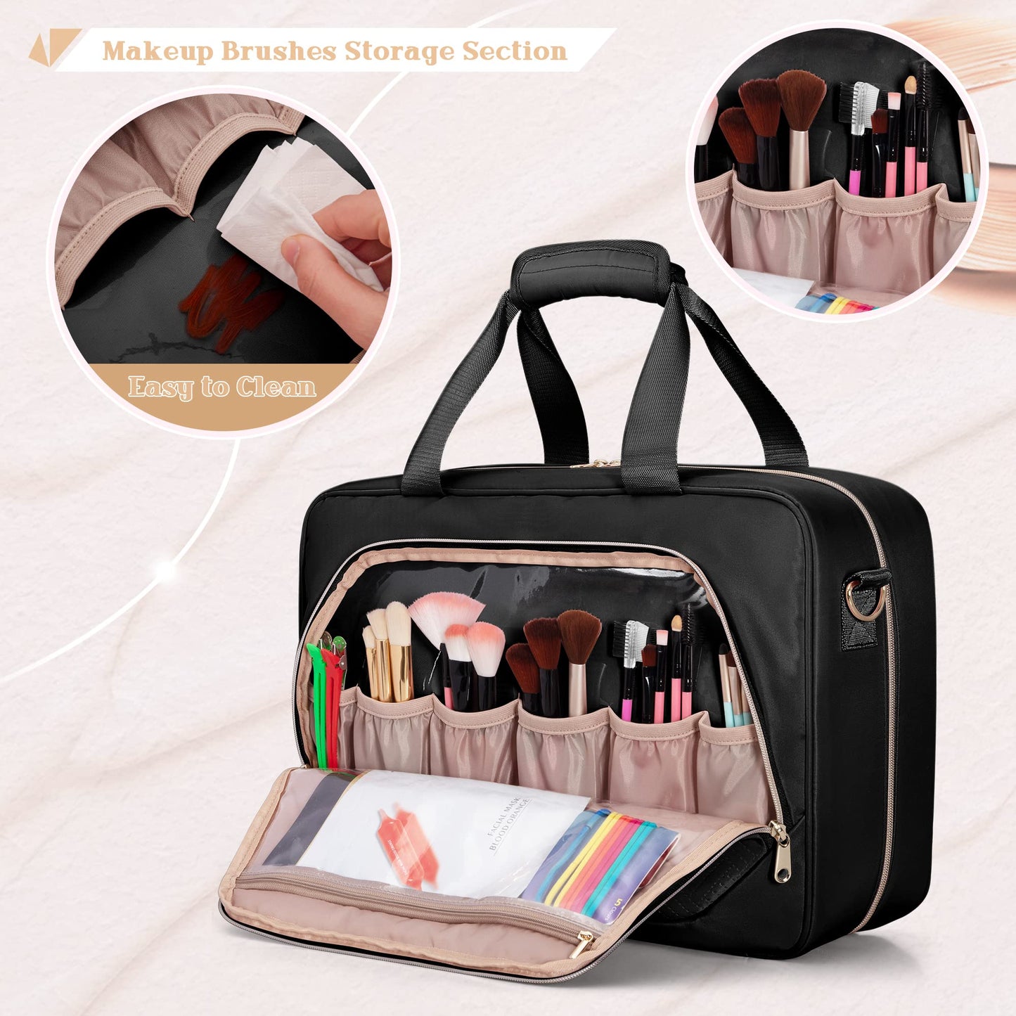Prokva Large Makeup Bag with 4 Detachable Cosmetic Cases, Professional Make up Organizer Bag with Makeup Brushes Storage Section and Hair Tools Pocket, Black (Empty Bag Only)