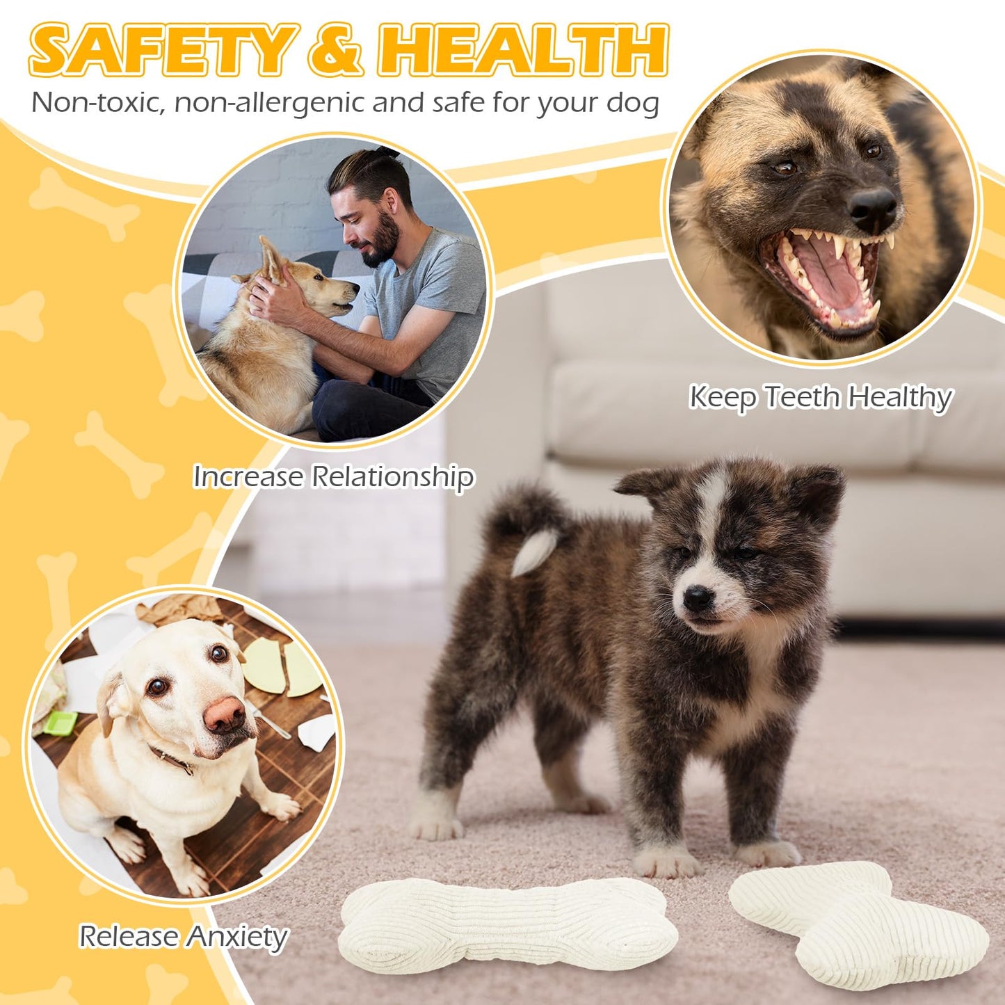 Poen 6 Pcs Bone Shaped Plush Squeaker Dog Birthday Toy Soft Stuffed Calming Toy with Squeaker for Small Medium Pet Dogs Puppy Chew Claw Interactive Fetch, 8. 27 x 4. 72 Inch White