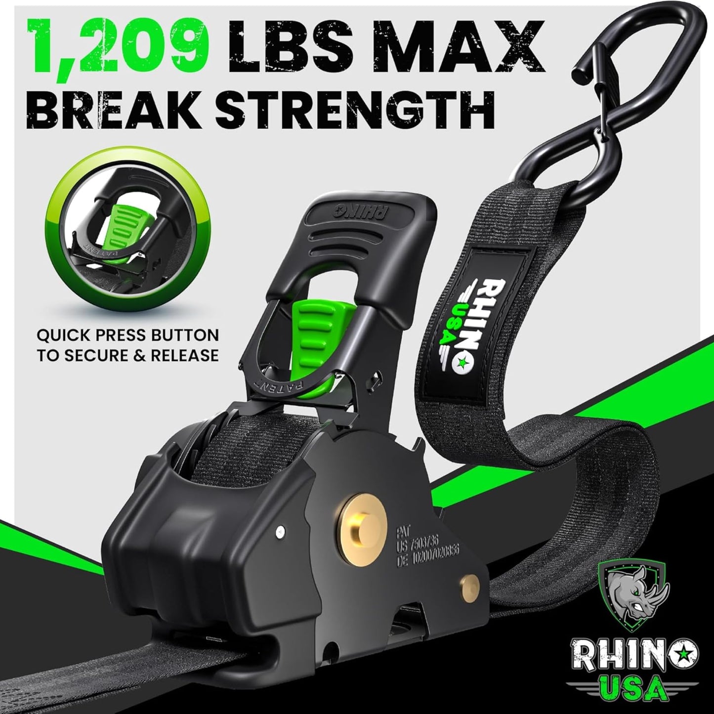 Rhino USA Retractable Ratchet Straps (2-Pack) - 1 Inch x 10 Feet (1,209lb Break Strength) - Auto Self Retracting Tie Down Straps for Truck, Cargo Trailer, Motorcycle, Rad & More - Black