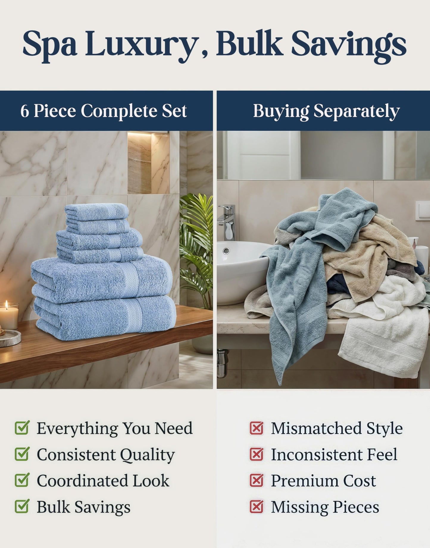 6 Piece Bath Towel Set - 100% Cotton Bathroom Towels, Extra Large Bath Towels, Hotel Towels, 2 Bath Towels Bathroom Sets, 2 Hand Towel for Bathroom, 2 Wash Cloths for Your Body and face - Allure
