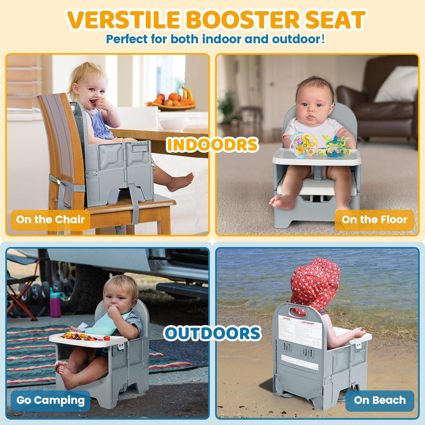 Orzbow Foldable Booster Seat with Dining Tray for Baby, Dining Table, Camping, Beach and Family Visits, Portable Kitchen Booster Chair, Baby Chair for Travel, 6-36 Months Up to 15 kg Toddler, Grey