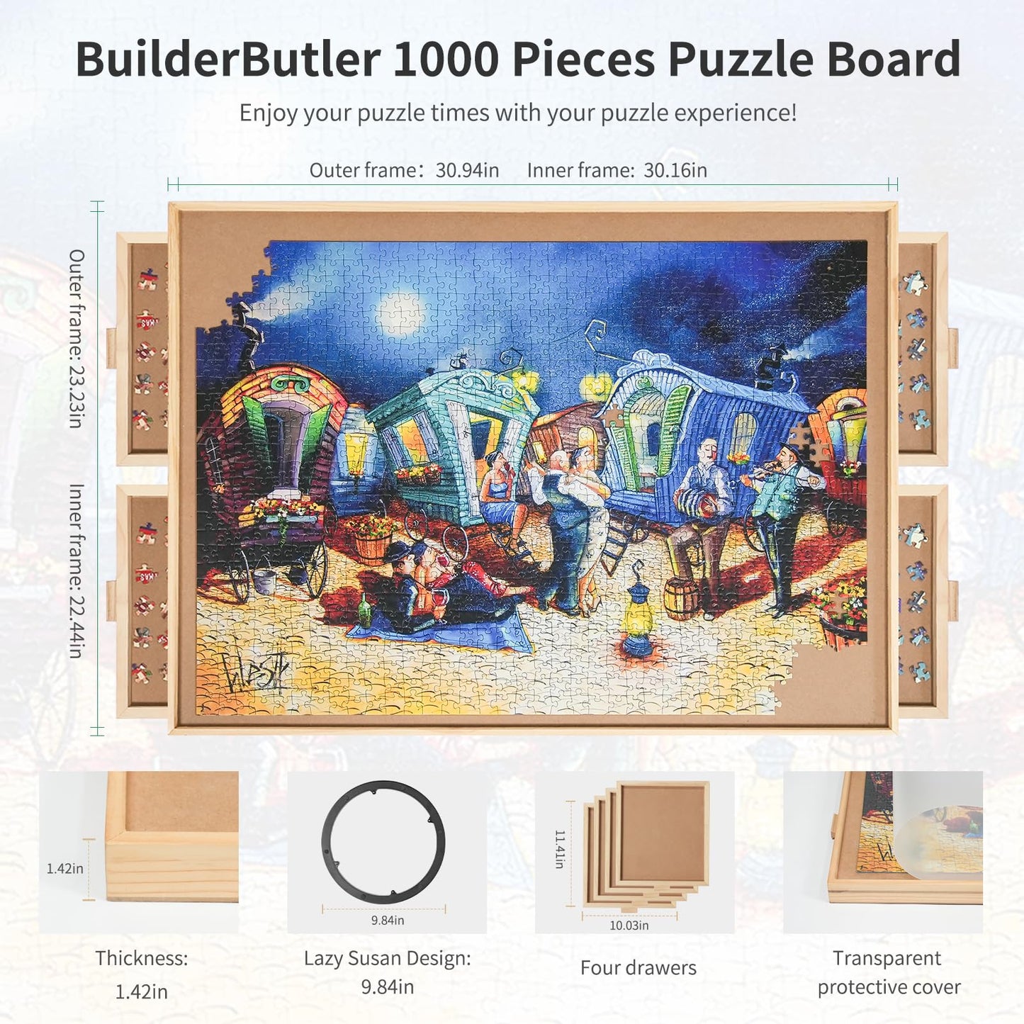 BuilderButler 1000 Pieces Rotating Puzzle Board with 4 Drawers,30.9"x23.2" Portable Wooden Jigsaw Puzzle Table with Lazy Susan Spinning Cover for Adults