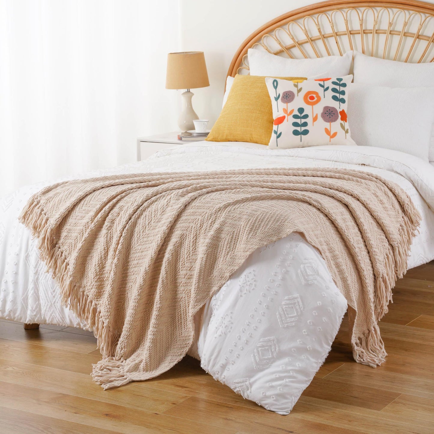BATTILO HOME Beige Throw Blankets for Couch Bed Sofa, Textured Solid Soft Knitted Throw Blanket with Tassels, Warm Cozy Couch Blanket Large Bed Throws, 60"x80"