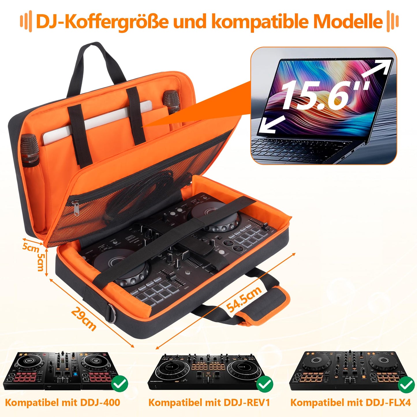 AKOZLIN DJ Controller Case for DDJ FLX4/ DDJ REV1/ DDJ 400/SB2/SB3 DJ Carrying Case with Pearl Cotton Padded, Adjustable Shoulder Strap, 15.6" Laptop Compartment and Accessory Pockets
