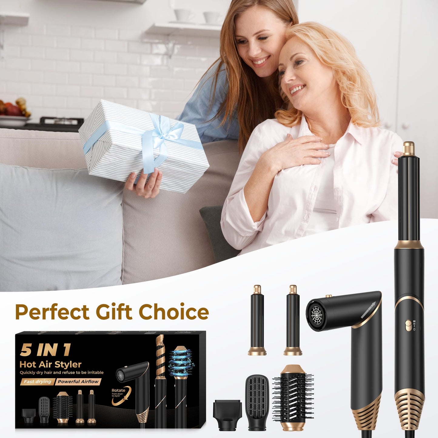 5 in 1 Blow Dryer Brush,Hair Dryer Brush with Detachable Air Styler,Negative Ionic Magic Hair Styler,Hot Air Brush for Women Volumizer,Straightener,Drying