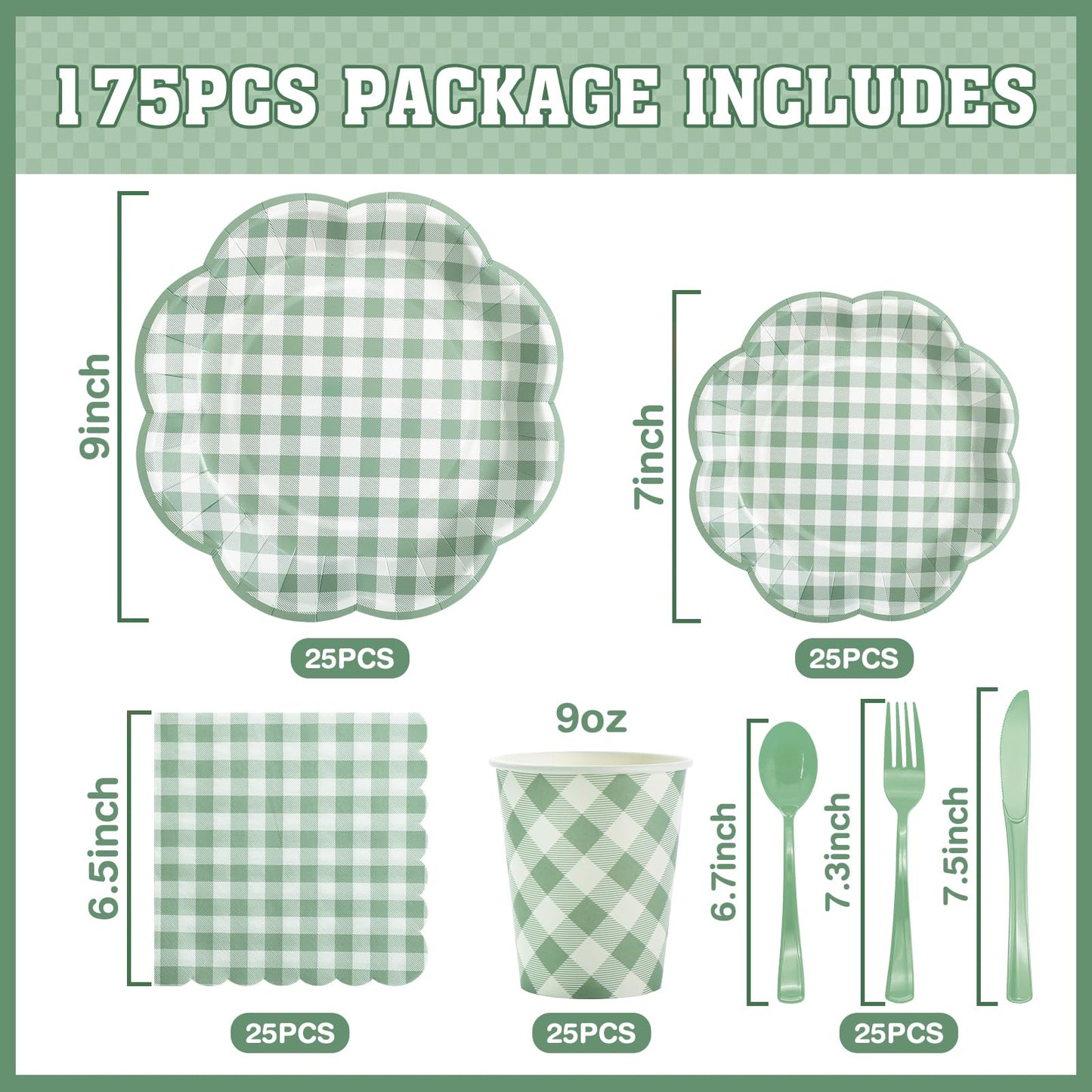 175 Pcs Sage Green Gingham Paper Plates and Napkins Party Supplies - Sage Green and White Checkered Plates Scalloped Plaid Plate for Birthday Dinner Picnic BBQ Party Decorations, Serve 25 Guests
